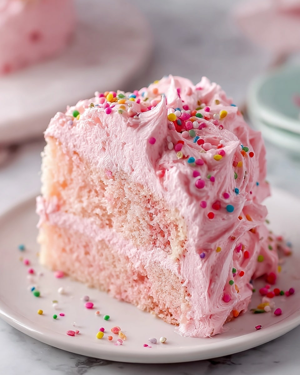 Whole classic bundt cake displayed on a large white cake stand, fully covered in smooth, swirled pink frosting topped generously with multicolored round sprinkles, showcasing the entire perfectly shaped ring with detailed frosting ridges, photographed from a slight 3/4 angle on a white marble background under natural lighting, styled as a professional food magazine hero shot, photo taken with an iphone --ar 4:5 --v 7