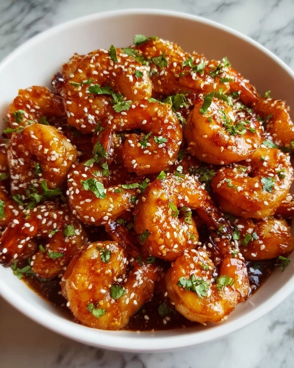 Large white serving bowl filled with a generous portion of sticky glazed shrimp coated in a rich, shiny sauce, topped with toasted sesame seeds and finely chopped fresh cilantro, presented as a whole dish from a 3/4 angle, placed on a white marble background with natural lighting, styled like a hero shot from a food magazine, photo taken with an iphone --ar 4:5 --v 7
