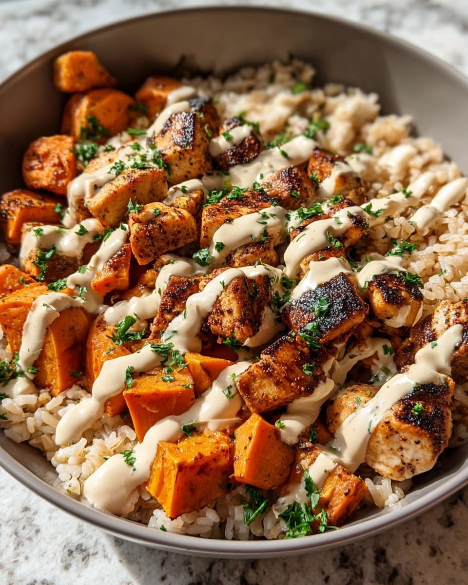 Large white serving bowl filled with a generous portion of seasoned grilled chicken cubes, golden roasted sweet potato chunks, and a bed of fluffy brown rice, all evenly drizzled with a creamy herb sauce and garnished with finely chopped fresh parsley, whole dish showcased from a 3/4 angle on a white marble countertop with natural lighting, professional food magazine style hero shot photo taken with an iphone --ar 4:5 --v 7