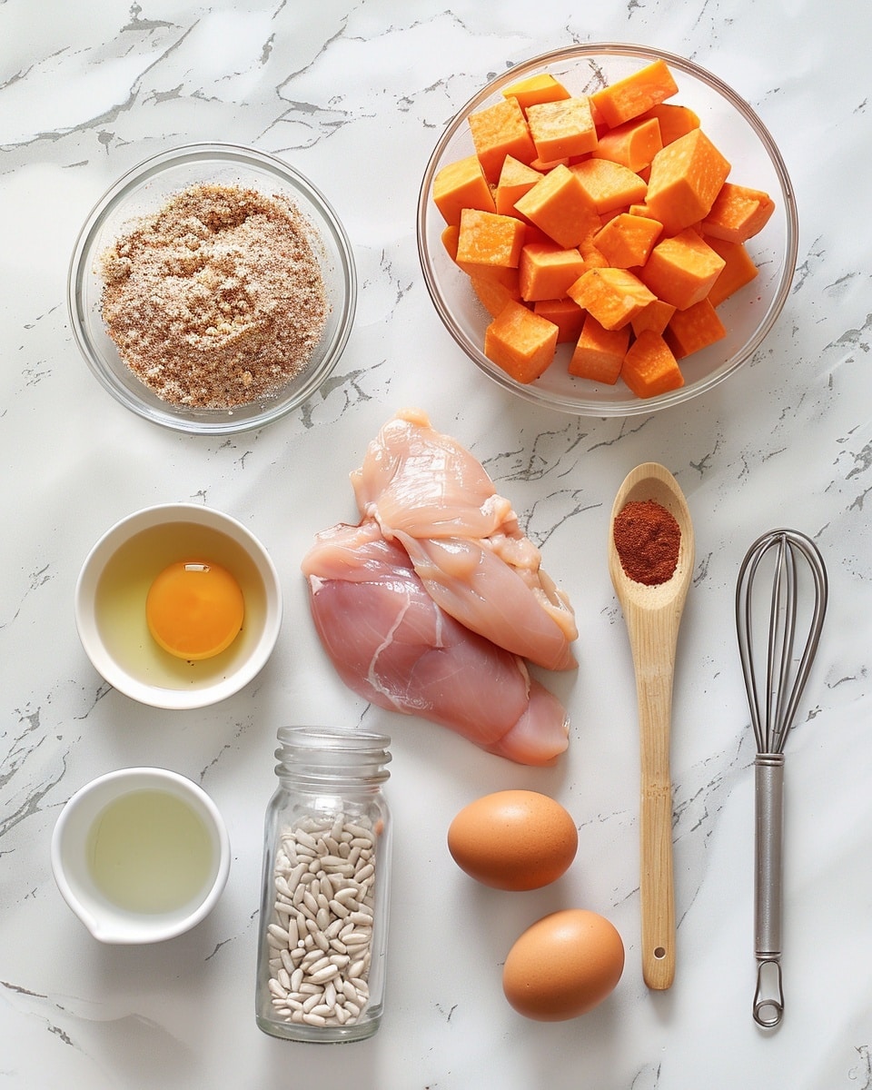Single white bowl showcasing a generous serving of spiced grilled chicken cubes and roasted sweet potato chunks layered over fluffy brown rice, all drizzled with a creamy sauce and sprinkled with fresh chopped parsley, close-up angled shot emphasizing the charred edges on the chicken and caramelized surfaces of the sweet potatoes, plated on a white marble surface with natural lighting highlighting the textures and vibrant colors, intimate plated serving photo taken with an iphone --ar 4:5 --v 7