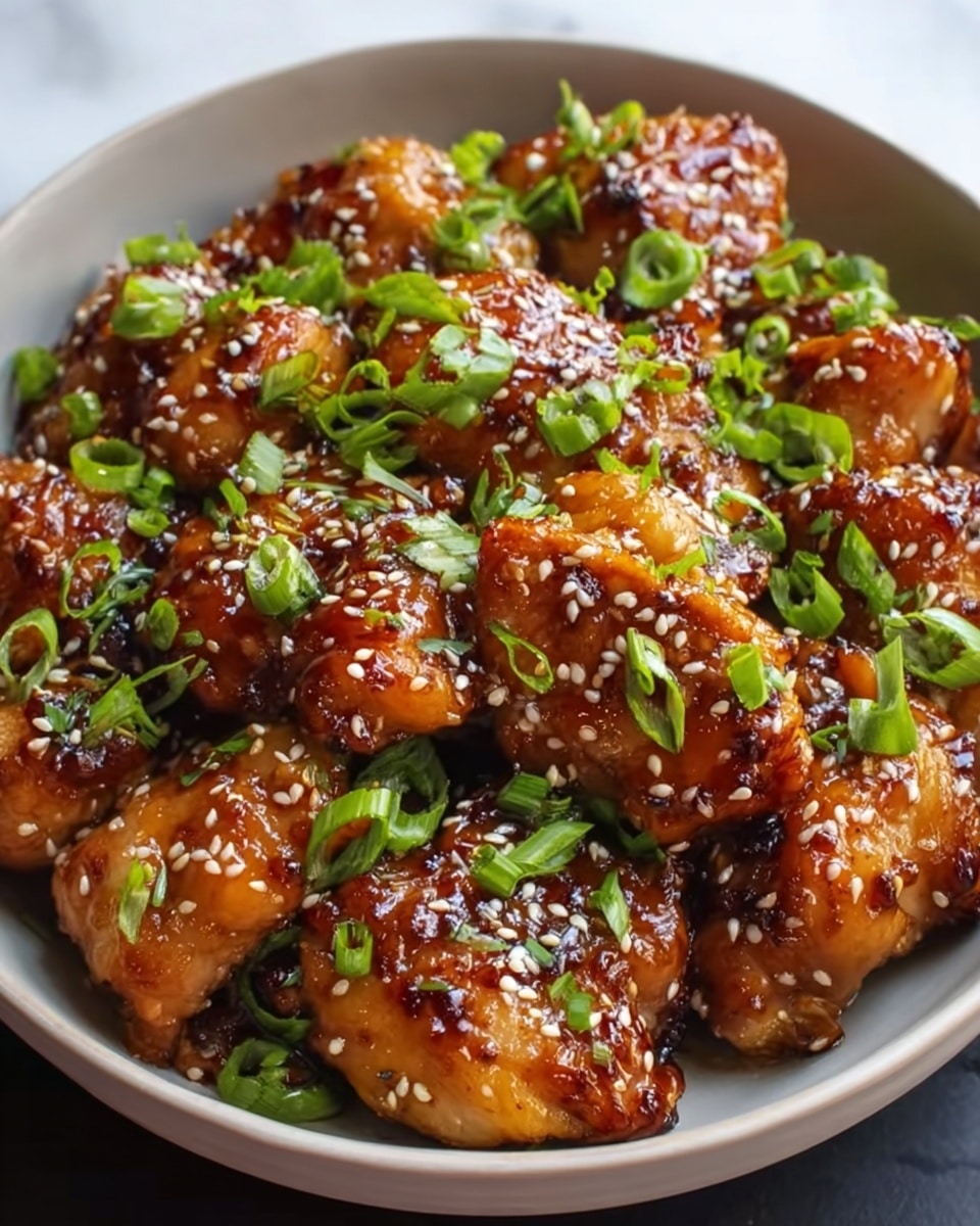 Large white serving bowl filled with a generous portion of glazed golden-brown chicken thighs coated in a shiny, sticky sauce, garnished with fresh bright green chopped scallions and sprinkled with toasted white sesame seeds, the whole dish shown with multiple pieces arranged closely together, photographed from a 3/4 angle on a white marble background with natural lighting, styled like a professional hero food magazine shot, photo taken with an iphone --ar 4:5 --v 7