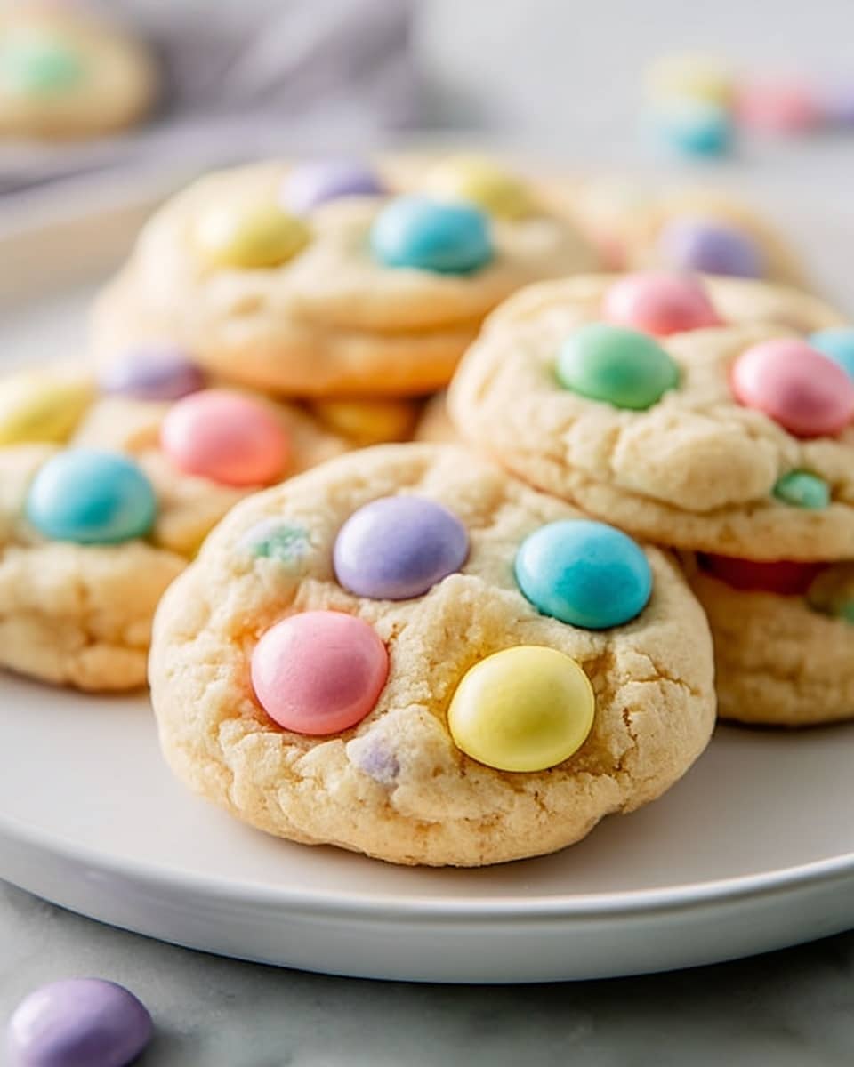 Large white plate piled high with a full batch of freshly baked pastel candy-coated cookies, each cookie golden-baked and studded abundantly with colorful pink, blue, yellow, purple, and white round candy pieces, showcasing the entire collection with a soft texture and inviting look, photographed from a 3/4 angle on a white marble countertop, natural lighting highlighting the vibrant colors and delicate crumb, professional food magazine style photo taken with an iphone --ar 4:5 --v 7