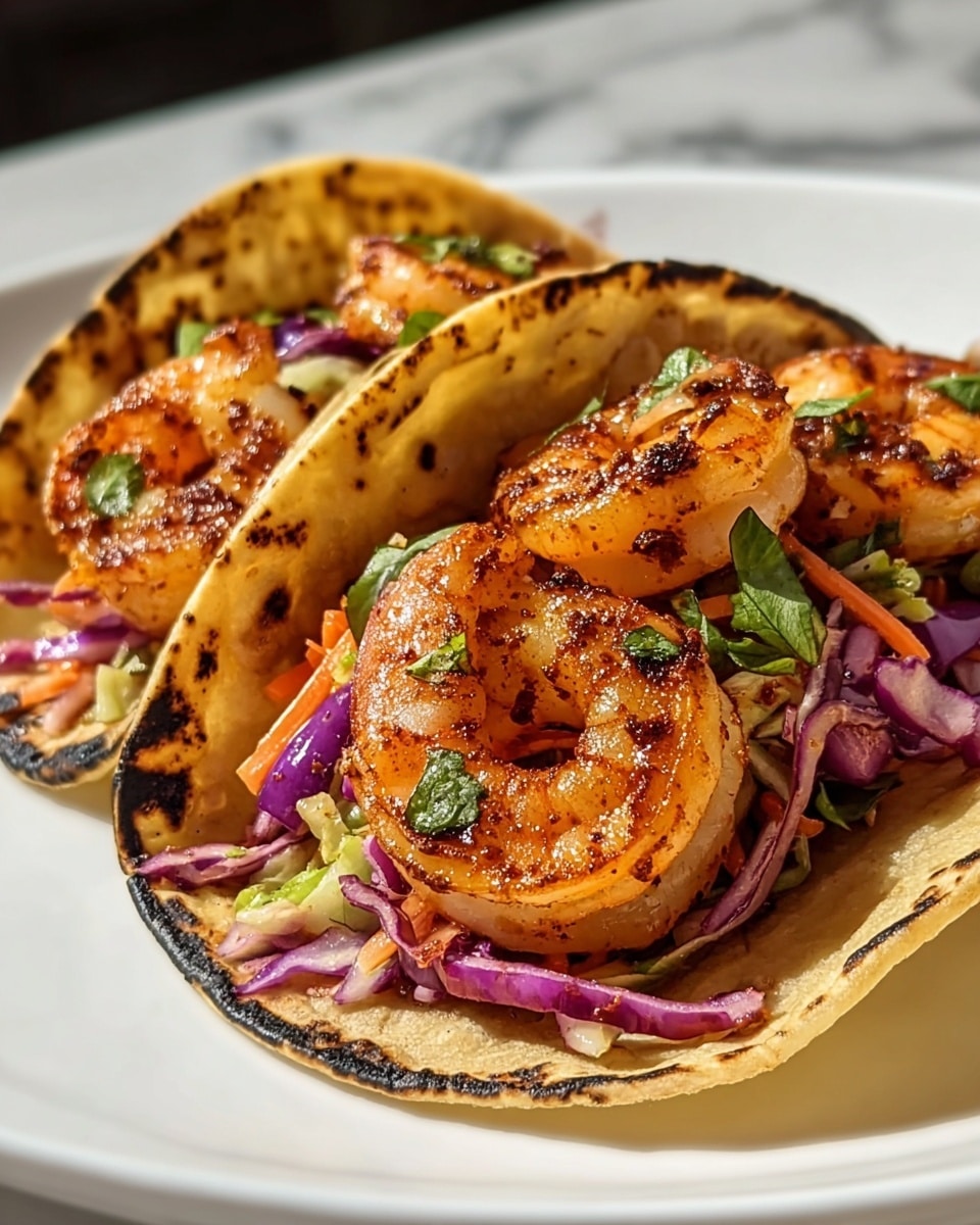 Long white rectangular plate filled with a complete arrangement of multiple shrimp tacos, each featuring perfectly grilled shrimp nestled in charred white corn tortillas, generously topped with vibrant shredded purple and green cabbage slaw, fresh cilantro, and finely diced vegetables, whole dish photographed from a 3/4 angle on a white marble countertop, natural lighting, professional food magazine hero shot photo taken with an iphone --ar 4:5 --v 7