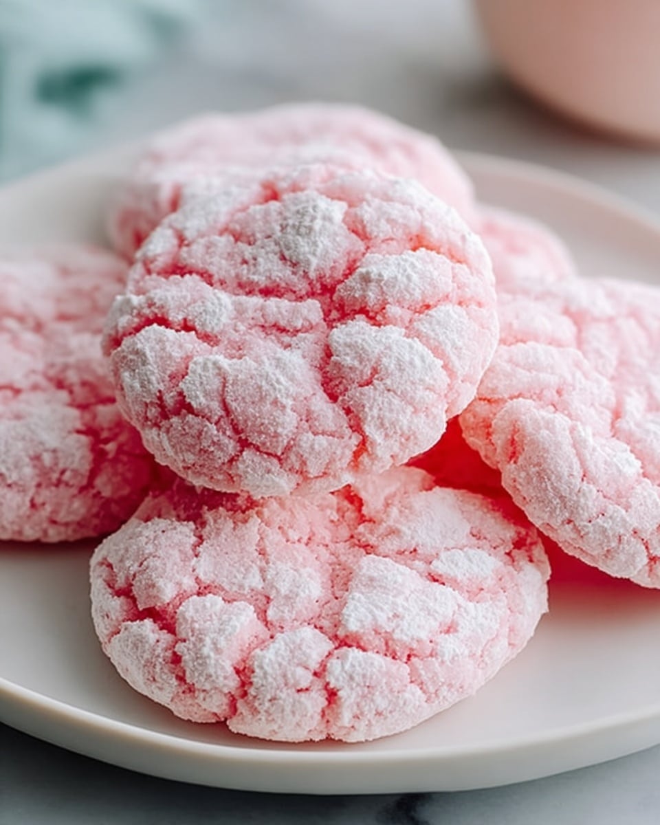 Large white ceramic plate filled with a generous pile of soft, pink sugar-coated crinkle cookies, each cookie perfectly round with powdery sugar crevices highlighting their delicate texture, arranged in an inviting mound, whole dish presented on a white marble countertop with natural light enhancing the pastel hues, professional food styling photo taken with an iphone --ar 4:5 --v 7
