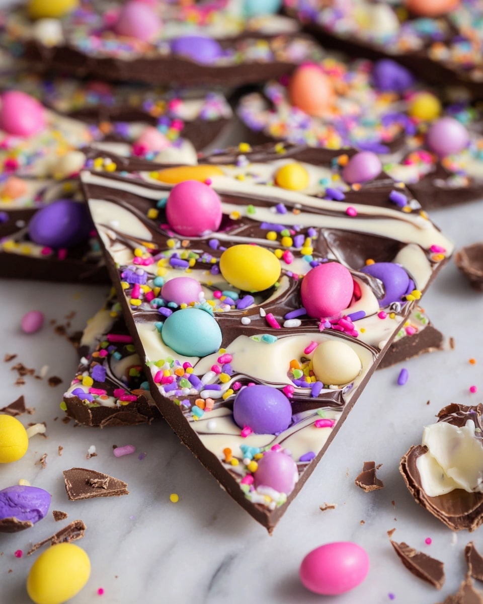 Large white rectangular serving tray displaying a whole marbled chocolate bark slab swirled with dark, milk, and white chocolate, generously topped with pastel-colored candy-coated chocolate eggs and bright pink, purple, and violet candy confetti sprinkles, edges smooth and intact, photographed from a 3/4 angle on a white marble countertop with natural lighting, styled like a hero shot from a food magazine, photo taken with an iphone --ar 4:5 --v 7