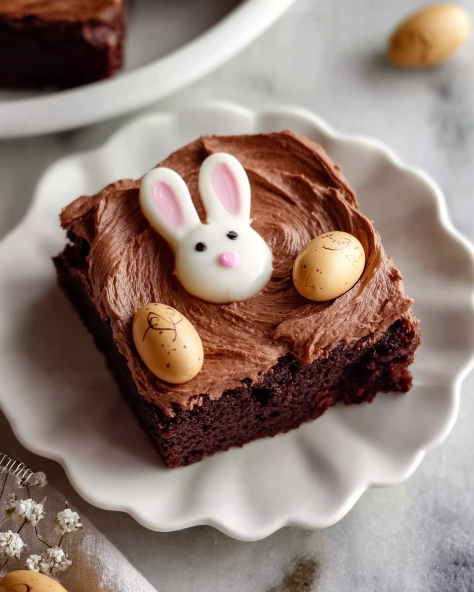 A whole, uncut square chocolate cake placed on a large white rectangular platter, covered with smooth, rich chocolate frosting and decorated with whimsical bunny-shaped white and pink meringue decorations and chocolate eggs evenly spaced on top, surrounded by scattered yellow candy pieces, a glass bottle of milk, and fresh tulip flowers on a white marble countertop, professionally styled with natural lighting in a bright, inviting food magazine hero shot, photo taken with an iphone --ar 4:5 --v 7
