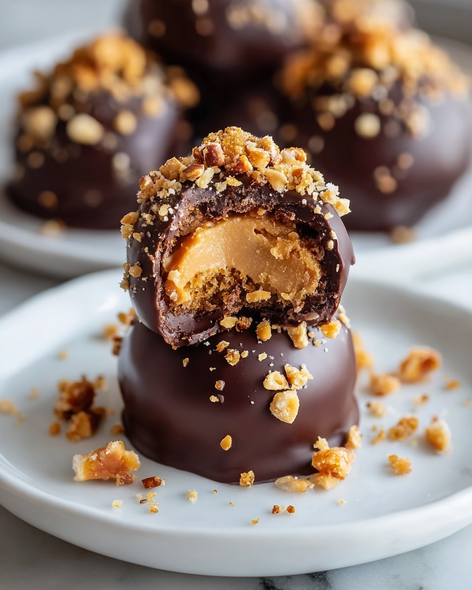 A white pedestal cake stand showcasing a full pyramid of glossy chocolate-covered truffles, each generously topped with crunchy chunks of toffee and scattered bits of nuts, arranged perfectly to highlight their rich texture and indulgent coating, all set against a white marble background with natural lighting emphasizing the glossy sheen and vibrant toppings, professional food styling photo taken with an iphone --ar 4:5 --v 7