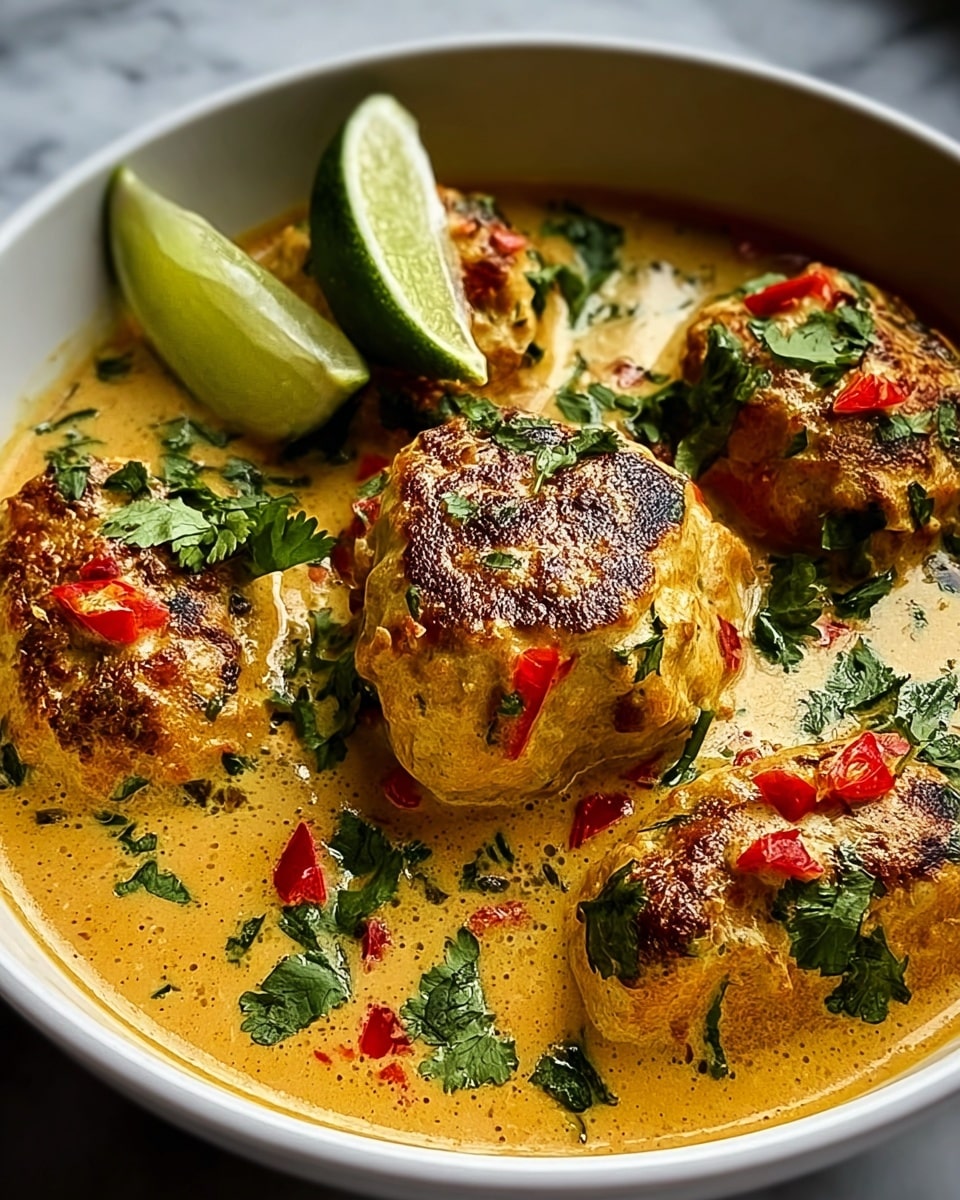 Large white bowl filled with a generous serving of golden, pan-seared fish or vegetable cakes nestled in a rich, creamy orange curry sauce, garnished with fresh cilantro leaves and thin slices of red chili peppers, accompanied by a halved lime placed on the side, whole dish captured in a vibrant 3/4 angle shot on a white marble surface with natural lighting, professional food magazine hero styling photo taken with an iphone --ar 4:5 --v 7