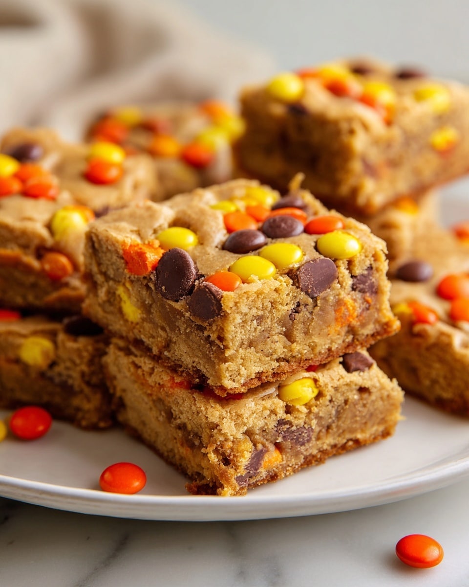 Large white rectangular baking pan filled with golden peanut butter blondies topped with an abundance of colorful orange, yellow, and dark brown Reese's Pieces candies, showing a full batch fresh from the oven with a slightly cracked, chewy surface, shot from a 3/4 angle on a white marble countertop with natural lighting, styled like a hero shot for a food magazine, photo taken with an iphone --ar 4:5 --v 7