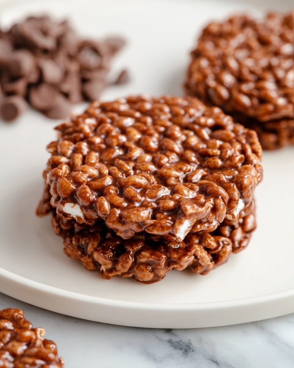 White rectangular baking sheet filled with a dozen rich chocolate rice crispy treats, each crisp round cluster glistening with melted chocolate, arranged evenly on parchment paper, surrounded by scattered large marshmallows and chocolate chips, shot from a professional 3/4 angle on a white marble surface with natural lighting, styled like a hero shot from a food magazine, photo taken with an iphone --ar 4:5 --v 7