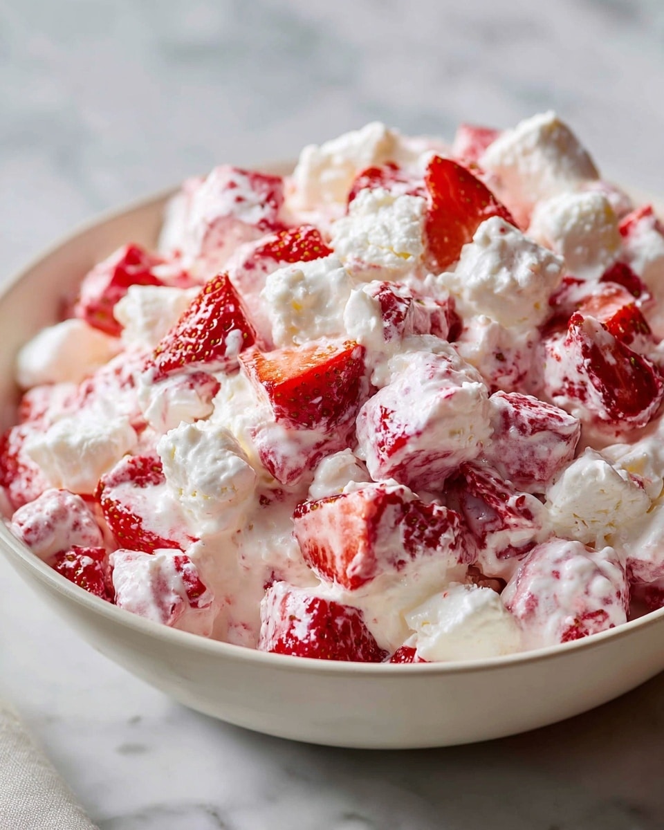 Large white ceramic bowl filled to the brim with a creamy strawberry and mini marshmallow salad, vibrant chunks of fresh strawberries mixed with fluffy mini marshmallows and smooth, glossy whipped cream, capturing a luscious and colorful texture contrast, presented on a white marble countertop with soft natural lighting that highlights the freshness and creaminess, professional food magazine style hero shot photo taken with an iphone --ar 4:5 --v 7