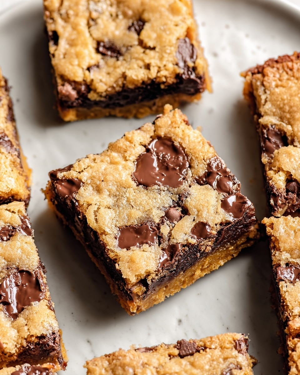 Large rectangular metal baking pan lined with parchment paper holding a freshly baked peanut butter chocolate chip cookie bar, golden brown with visible melted peanut butter swirls and chocolate chips distributed evenly throughout, the edges slightly crisp and the center soft and puffy, photographed from above on a white marble countertop with natural lighting, professional food styling photo taken with an iphone --ar 4:5 --v 7