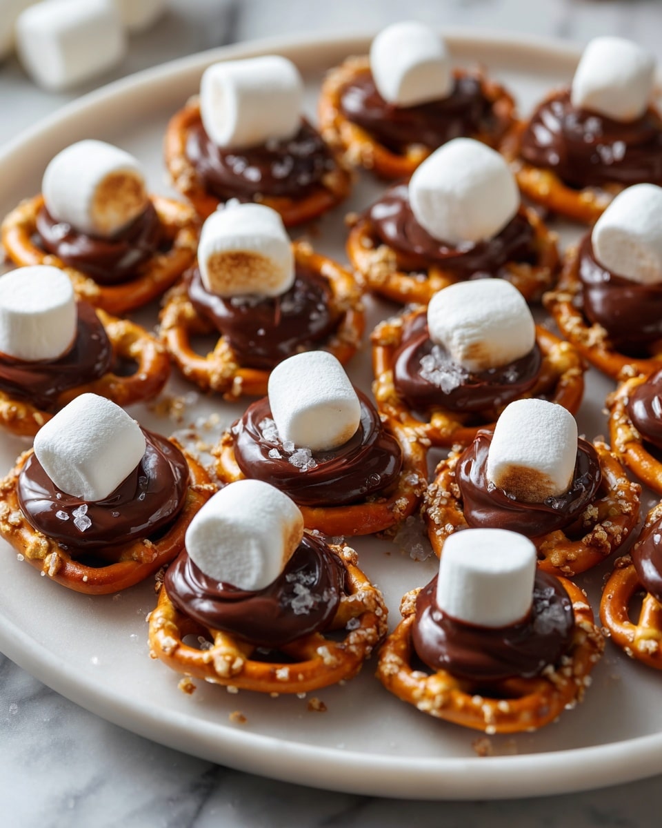 A large white ceramic plate fully loaded with multiple pretzel bites each topped with a smooth dollop of rich melted chocolate and a single fluffy white marshmallow, the pretzels golden with salt crystals glistening under natural light, arranged neatly on a white marble countertop, professional food styling with a slight 3/4 angle showing the entire impressive batch, photo taken with an iphone --ar 4:5 --v 7