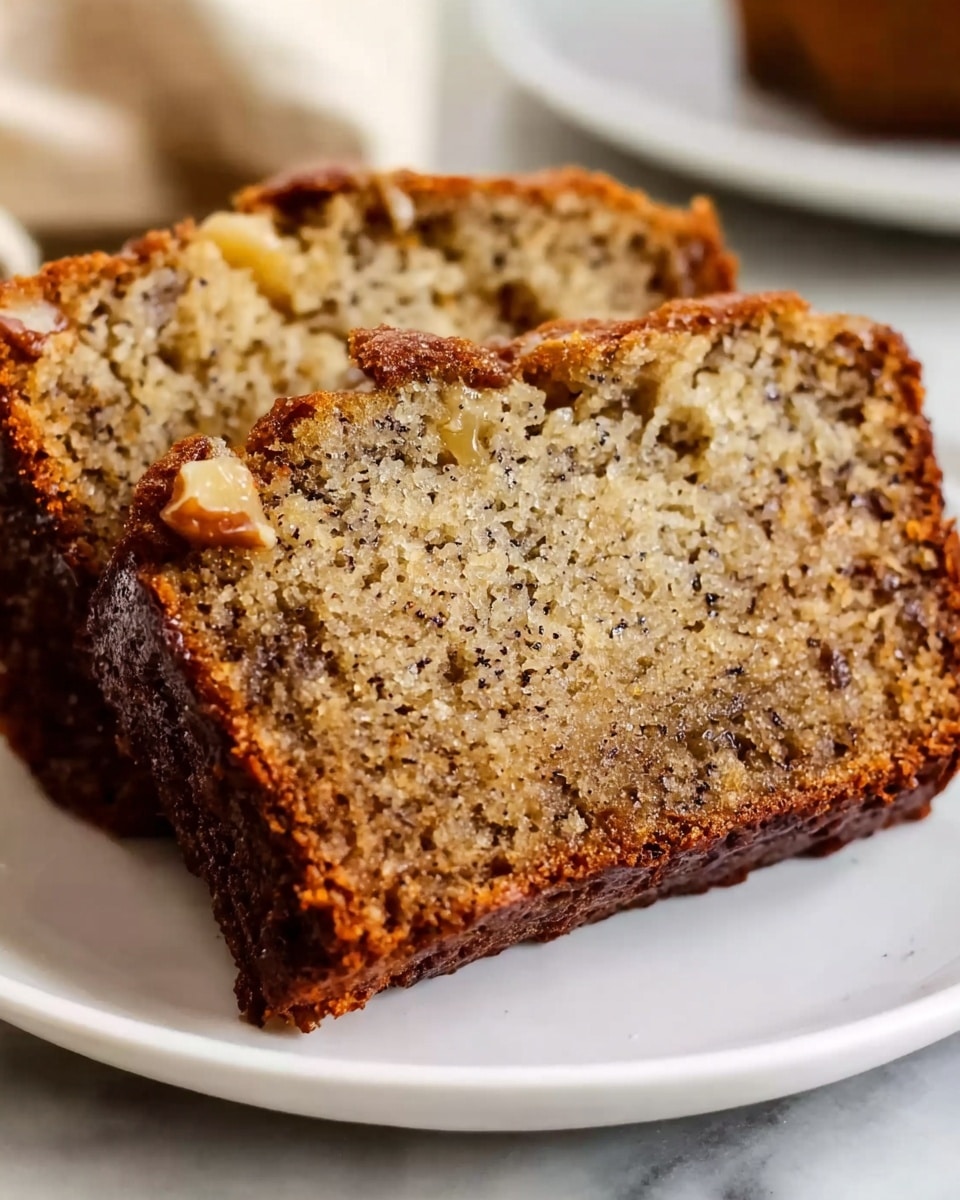 A whole freshly baked banana bread loaf presented on a white ceramic platter, displaying a moist, golden-brown crust speckled with bits of banana and walnut, topped with slices of ripe banana arranged neatly across the top, highlighting its soft texture and rich ingredients, styled for a professional food magazine with natural lighting on a white marble countertop, full loaf shown from a 3/4 angle to emphasize its wholesome, complete form, photo taken with an iphone --ar 4:5 --v 7