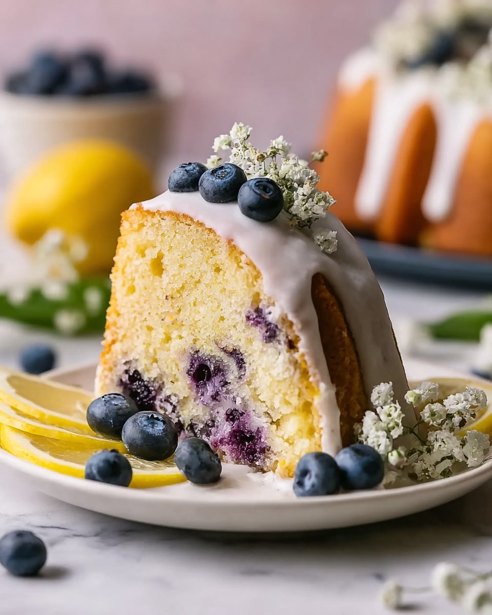 Whole uncut lemon blueberry bundt cake with smooth white icing drizzled over the top, adorned with a decorative ring of fresh blueberries, thin lemon slices, and delicate white edible flowers around the center hole, the golden-brown cake studded with visible blueberries throughout, presented on a simple white cake stand, photographed from a 3/4 angle with natural lighting on a white marble background, professional food styling photo taken with an iphone --ar 4:5 --v 7