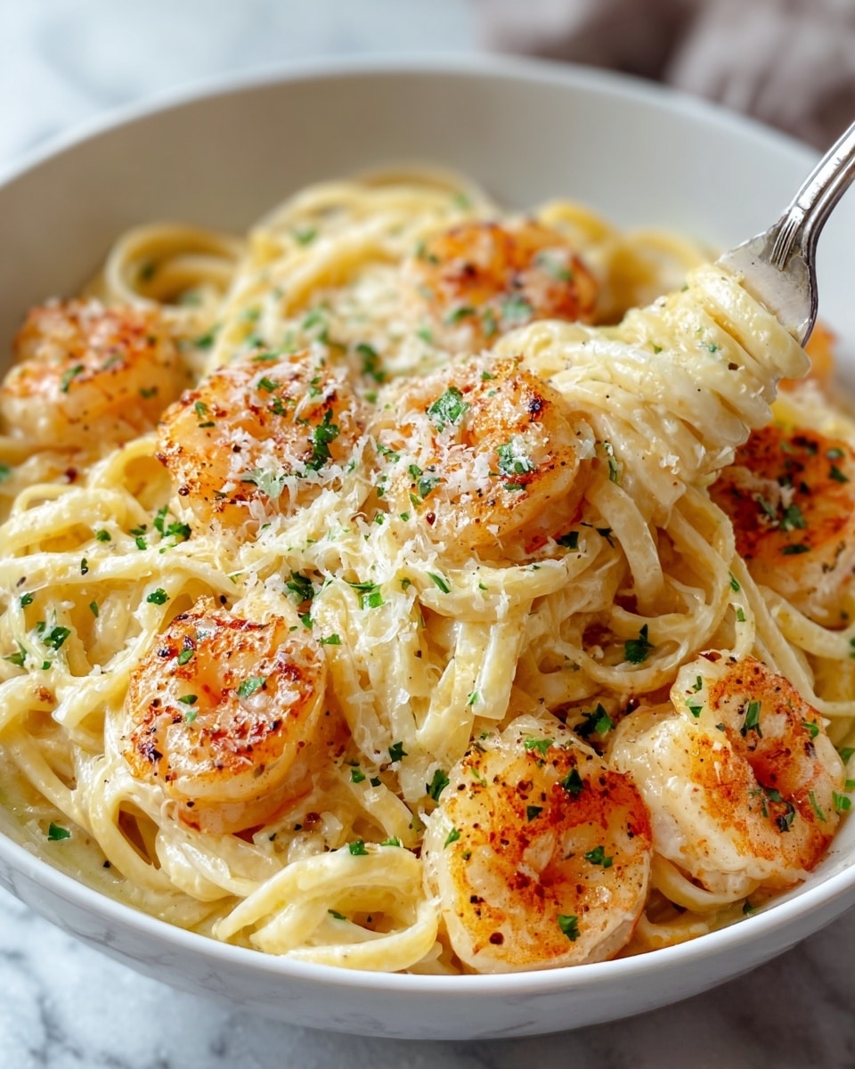 Large white serving bowl filled with creamy shrimp linguine pasta, tossed with perfectly cooked, golden-seared shrimp and coated in a rich garlic parmesan sauce, garnished generously with freshly chopped parsley and grated Parmesan cheese, whole dish photographed from a 3/4 angle on a white marble countertop with natural lighting, professional food styling photo taken with an iphone --ar 4:5 --v 7