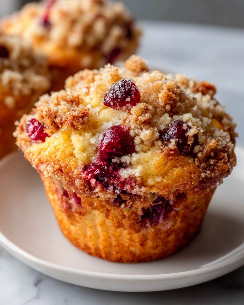 A full white muffin baking tin filled with six golden-brown crumb-topped muffins studded with juicy red cranberries, each muffin showcasing a light, fluffy texture with a generous sprinkle of crunchy streusel, arranged neatly in the pan against a white marble surface, natural lighting emphasizing the warm tones of the baked crumb and vibrant red berries, professional food styling photo taken with an iphone --ar 4:5 --v 7