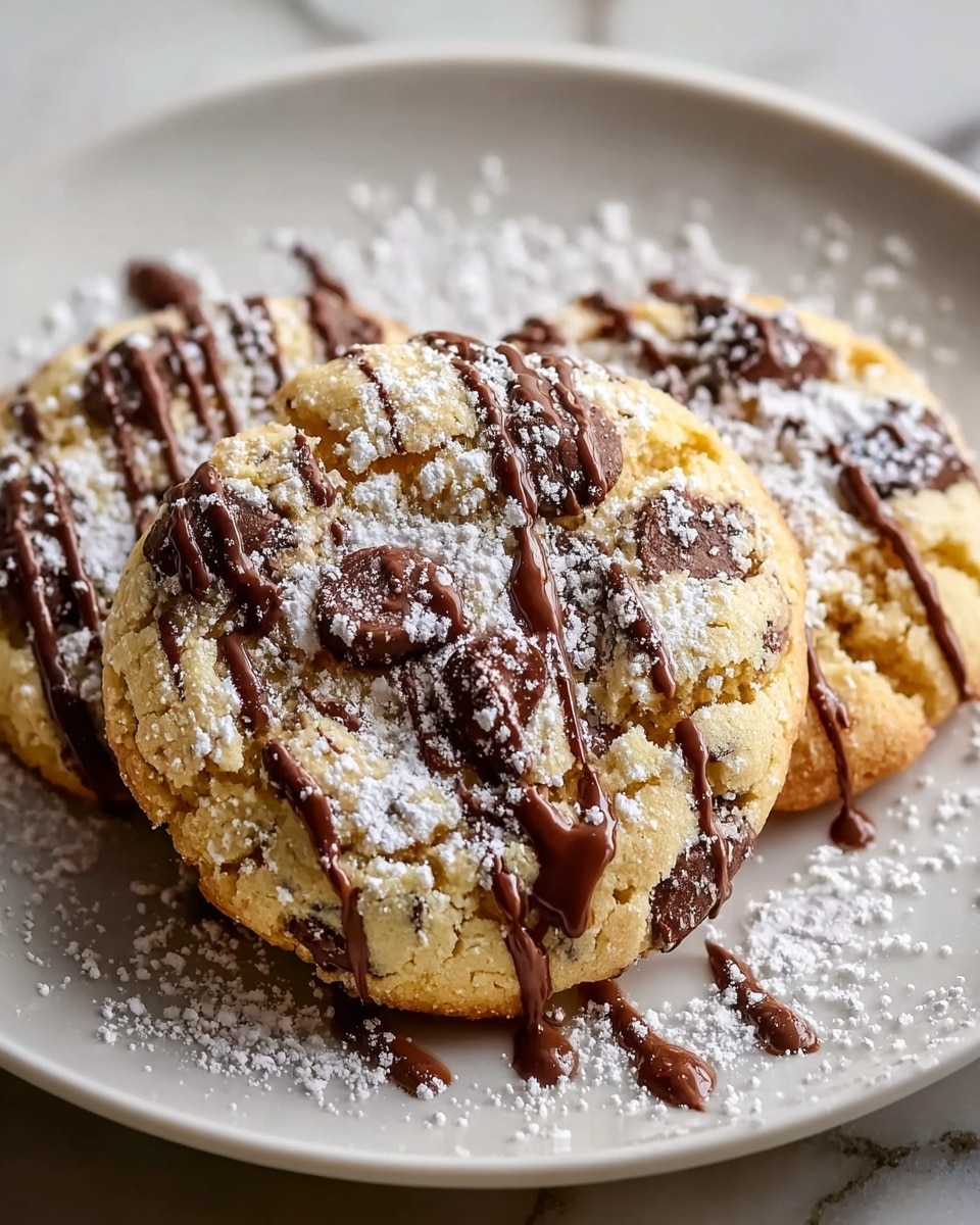 White ceramic plate filled with a generous pile of freshly baked chocolate chip cookies, each cookie beautifully golden with an abundance of rich chocolate chips embedded throughout, topped with delicate powdered sugar and drizzled with smooth, glossy chocolate sauce, arranged artistically to showcase their fluffy and soft texture, whole dish captured in a professional 3/4 angle shot on a white marble countertop with natural lighting highlighting the enticing details, photo taken with an iphone --ar 4:5 --v 7