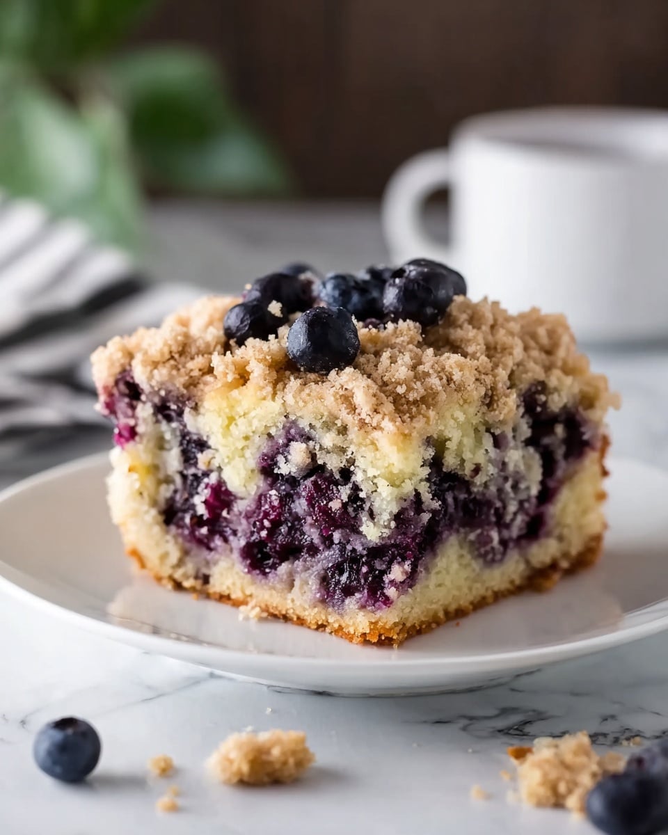 Large rectangular white baking dish filled with a whole blueberry crumble featuring a golden, crumbly oat and brown sugar topping, visible juicy blueberries peeking through the topping across the entire surface, placed on a soft yellow and white checkered cloth, set against a white marble background with natural lighting, professional food magazine hero shot, photo taken with an iphone --ar 4:5 --v 7