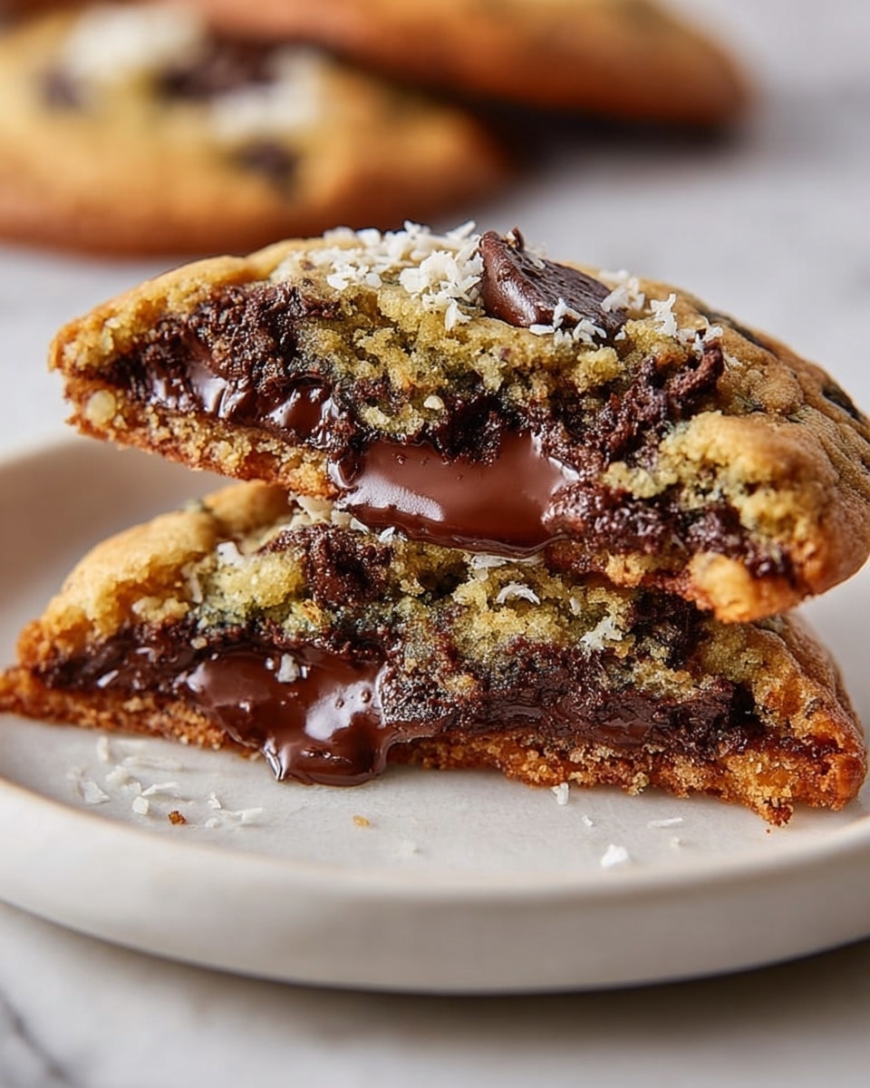 A large white plate showcasing a whole batch of freshly baked chocolate chip cookies stuffed with melted chocolate chunks and shredded coconut, arranged in a neat circular pattern with a golden brown crust and gooey, rich interior visible through the slightly raised tops, set on a white marble countertop under natural light, styled as a professional food magazine hero shot, photo taken with an iphone --ar 4:5 --v 7