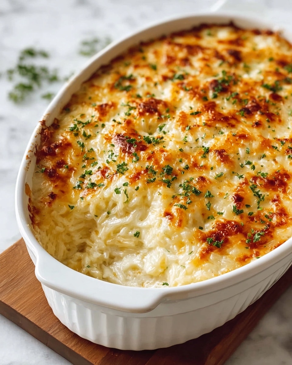 Large white ceramic baking dish filled with a golden-brown baked cheesy rice casserole, the top perfectly browned and sprinkled with chopped fresh parsley, showing the entire uncut dish with bubbling melted cheese and creamy rice visible beneath the crust, photographed from a 3/4 angle on a white marble countertop in natural light, styled as a professional food magazine hero shot, photo taken with an iphone --ar 4:5 --v 7