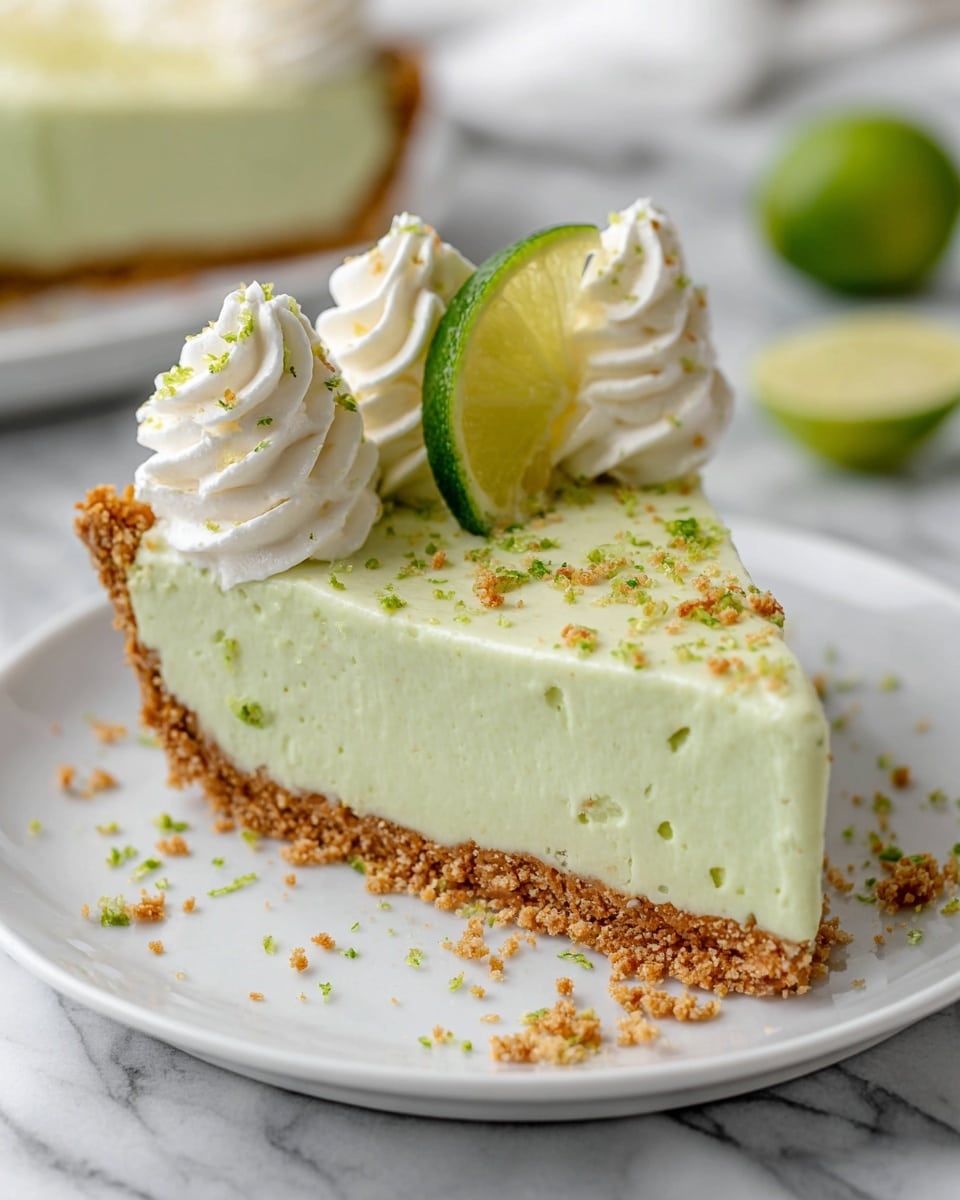 Whole, uncut key lime pie on a large white plate, featuring a smooth, creamy pale green filling with a graham cracker crust, topped evenly with decorative swirls of whipped cream and sprinkled with fresh lime zest, presented from a professional 3/4 angle shot on a white marble background with natural lighting, styled to highlight the perfect texture and vibrant colors of the entire dessert, photo taken with an iphone --ar 4:5 --v 7