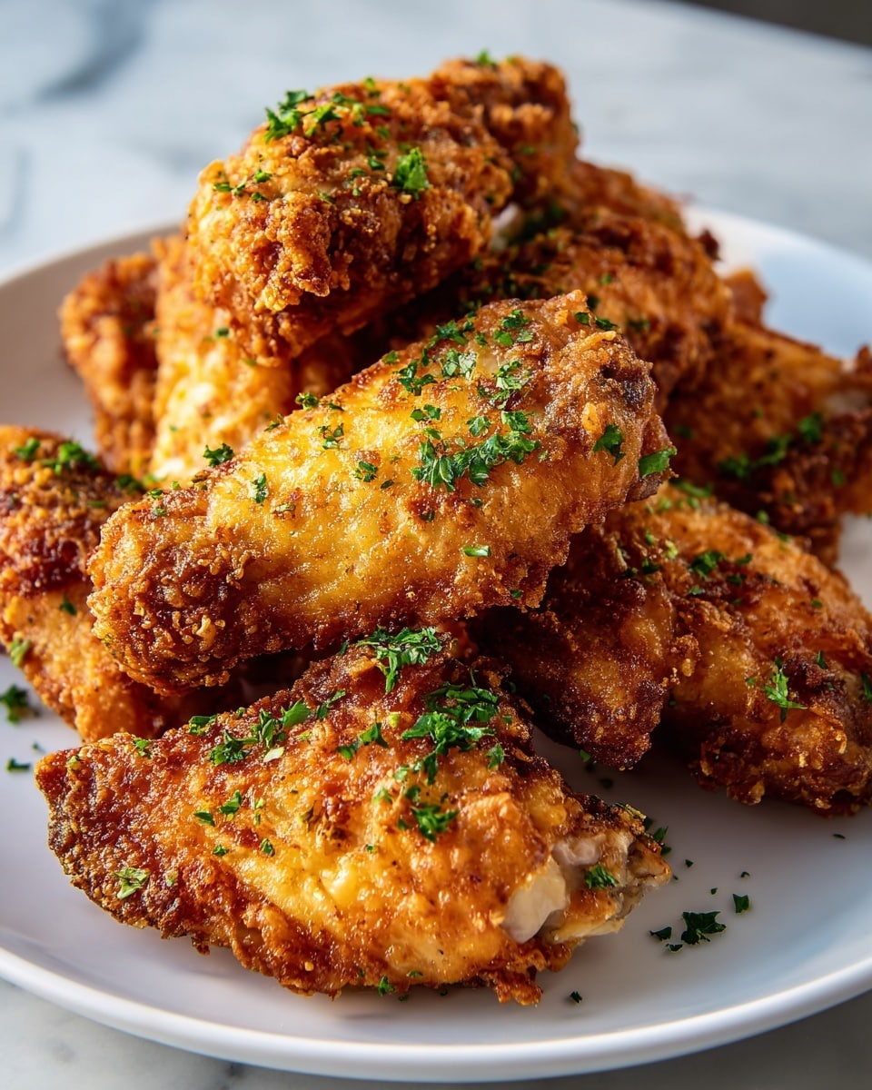 Large white serving platter piled high with golden, crispy fried chicken wings perfectly seasoned and garnished with finely chopped fresh parsley, showcasing the entire batch with crunchy, textured coating glistening under natural light, photographed from a 3/4 angle on a white marble countertop, professional food styling photo taken with an iphone --ar 4:5 --v 7
