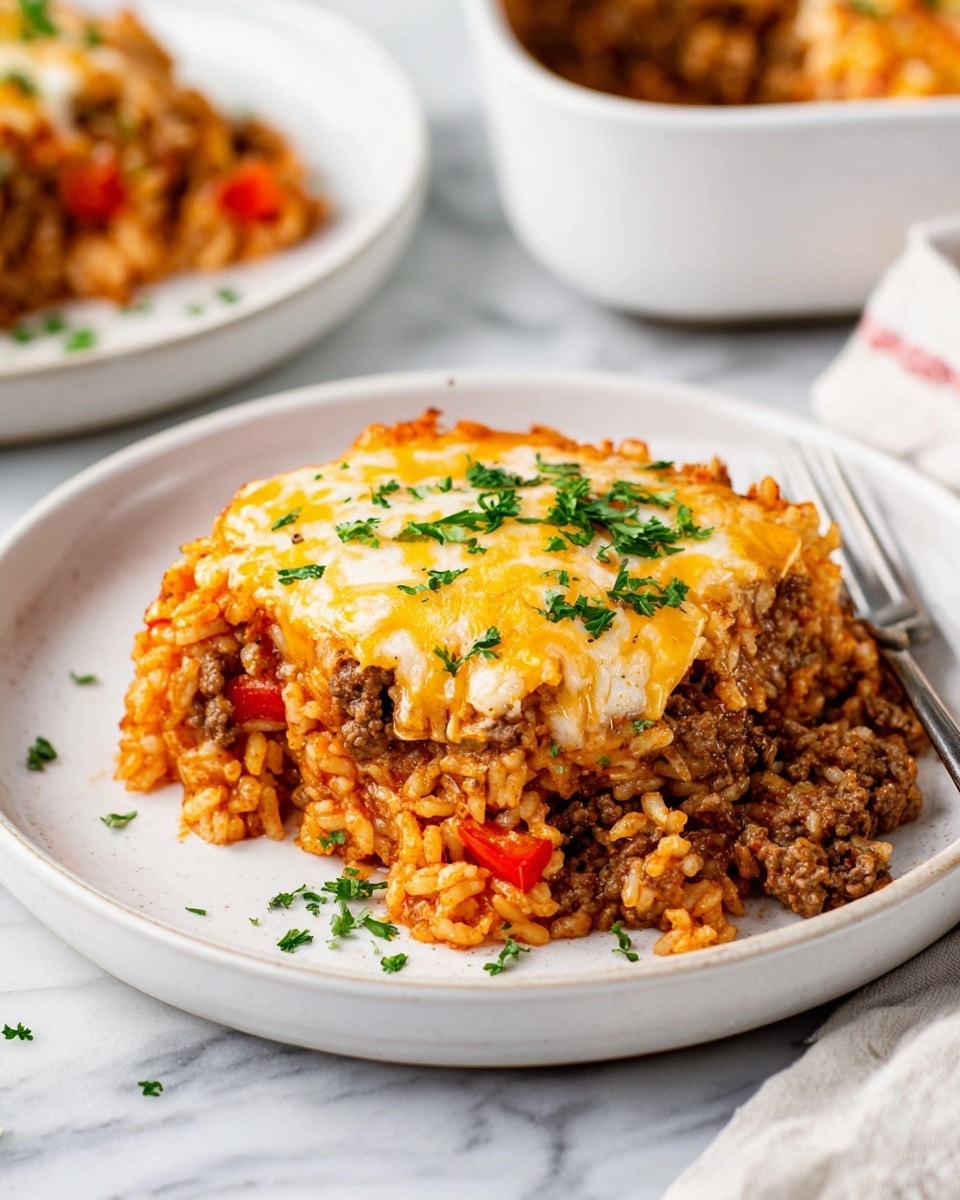 Large white rectangular baking dish filled with a fully baked cheesy taco casserole, topped with a golden melted blend of cheddar and mozzarella cheeses, sprinkled generously with fresh chopped parsley, showcasing layers of seasoned ground beef, rice, and diced tomatoes visible beneath the bubbling cheese, photographed from a vibrant 3/4 angle on a white marble countertop with natural lighting, styled as a striking food magazine hero shot, photo taken with an iphone --ar 4:5 --v 7