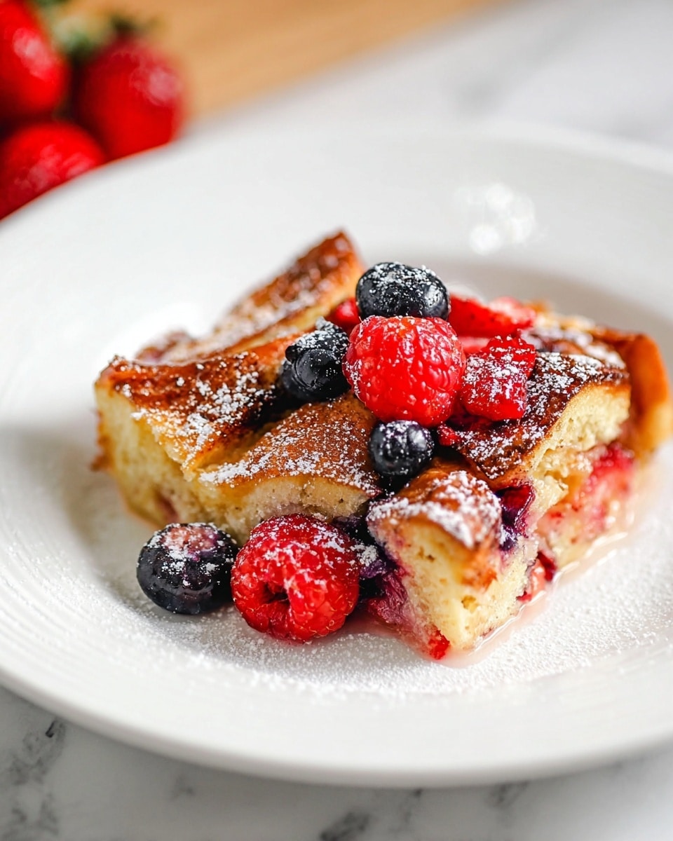 Full white rectangular baking dish filled with a vibrant mixed berry croissant bread pudding, featuring whole golden-brown croissant pieces soaked in creamy custard, generously studded with fresh raspberries, blueberries, and sliced strawberries, lightly dusted with powdered sugar, photographed from a 3/4 angle on a white marble surface with natural lighting, styled as a professional food magazine hero shot photo taken with an iphone --ar 4:5 --v 7