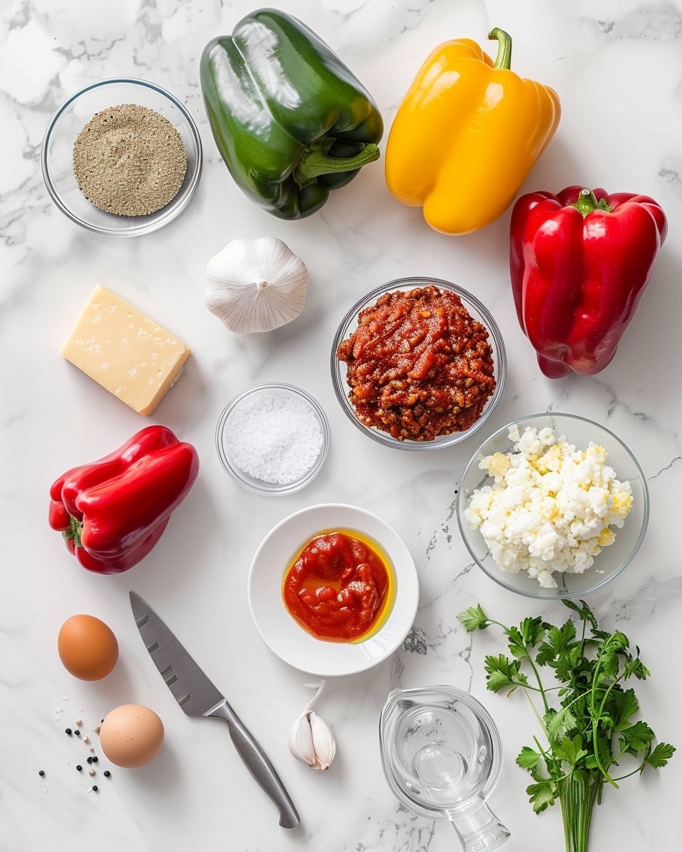 Single white plate showcasing one stuffed bell pepper filled with a savory mixture of ground meat, rice, and herbs, topped with golden melted cheese and finely chopped fresh basil, the interior rich and textured with visible layers of filling, a sprig of basil as garnish on the side, photographed close-up with natural lighting on a white marble background, styled as an intimate plated serving photo taken with an iphone --ar 4:5 --v 7