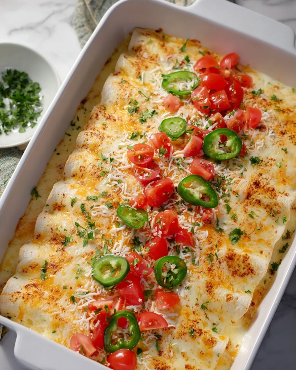 Large white rectangular baking dish filled with a full batch of baked cheese enchiladas, each rolled tortilla generously smothered with creamy melted cheese sauce, topped with fresh diced tomatoes, sliced green jalapeños, shredded cheese, and sprinkled with chopped parsley, the entire dish captured from a 3/4 angle on a white marble countertop with natural lighting, styled like a hero shot from a food magazine, photo taken with an iphone --ar 4:5 --v 7