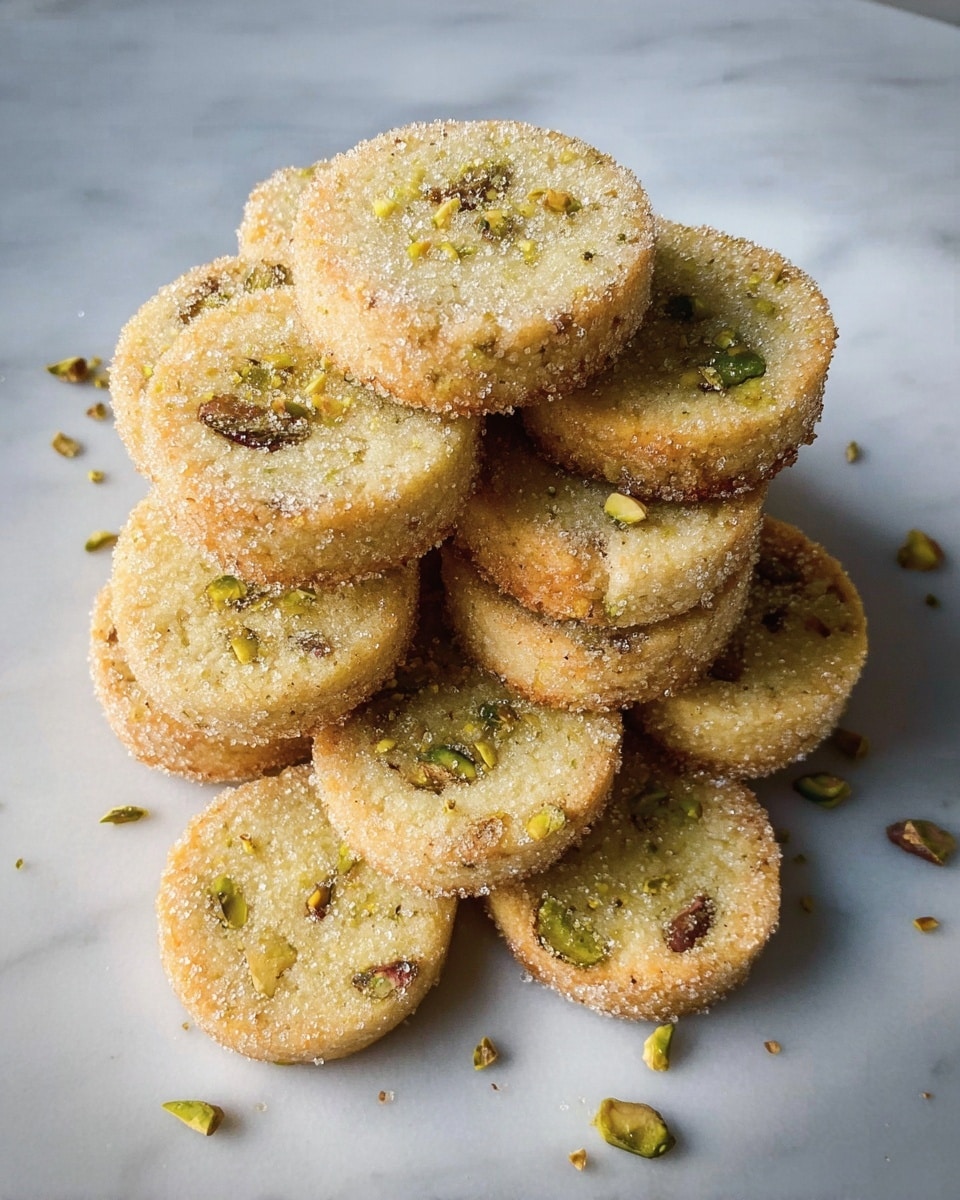 Large white plate filled with a complete batch of round pistachio sugar cookies, each coated in sparkling sugar crystals, arranged neatly in a visually appealing pattern, whole cookies showing scattered pistachio pieces within the dough, set on a white marble countertop, natural lighting highlighting the texture and buttery color, professional overhead food magazine style photo taken with an iphone --ar 4:5 --v 7