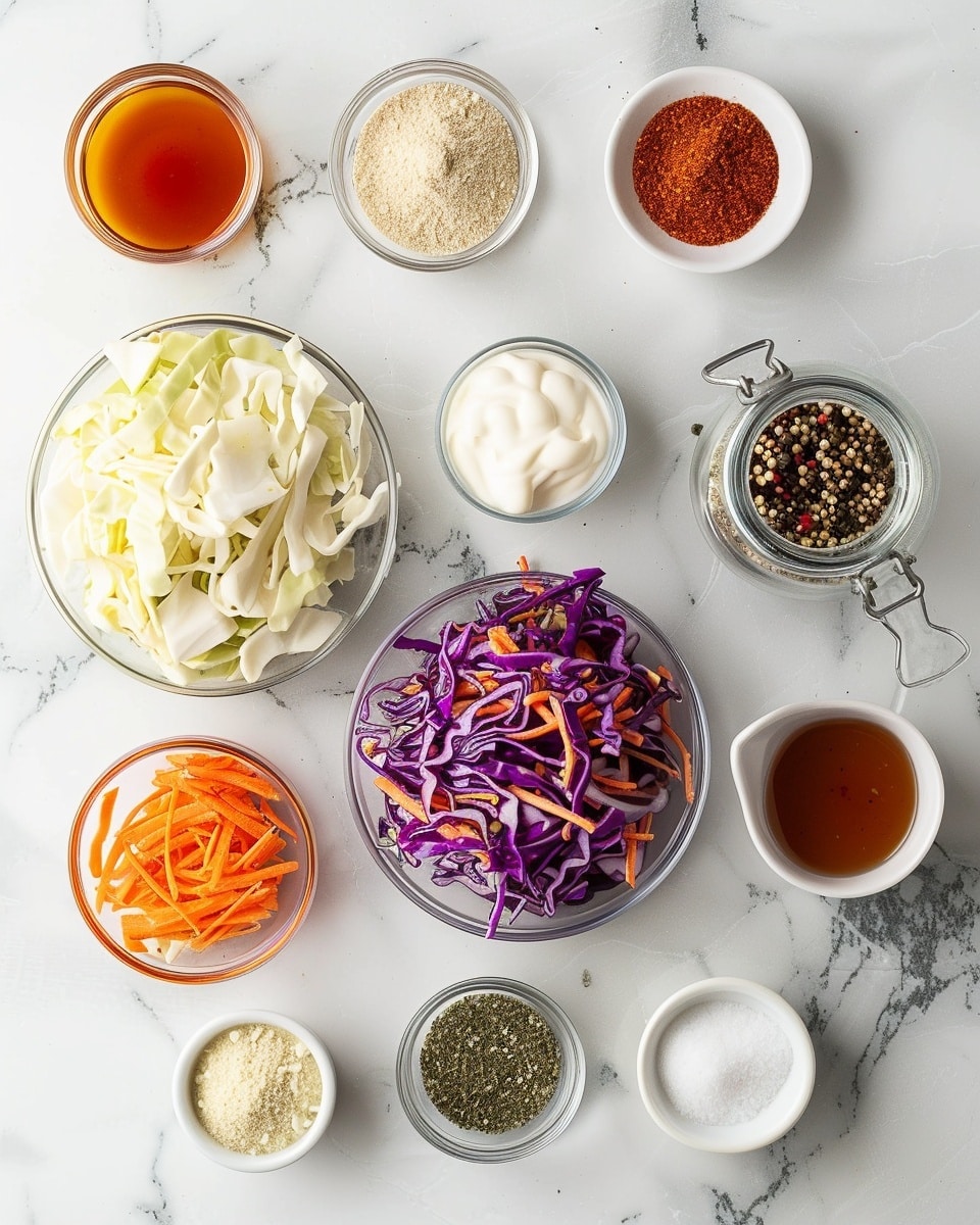 Single white bowl containing a vibrant serving of shredded red and white cabbage mixed with julienned carrots, dressed in a creamy, spiced sauce that clings to each colorful strand, close-up shot emphasizing the texture and freshness of the slaw, natural light highlighting the glossy coating on the vegetables, pristine white marble background, styled like a fresh individual serving from a food blog, photo taken with an iphone --ar 4:5 --v 7