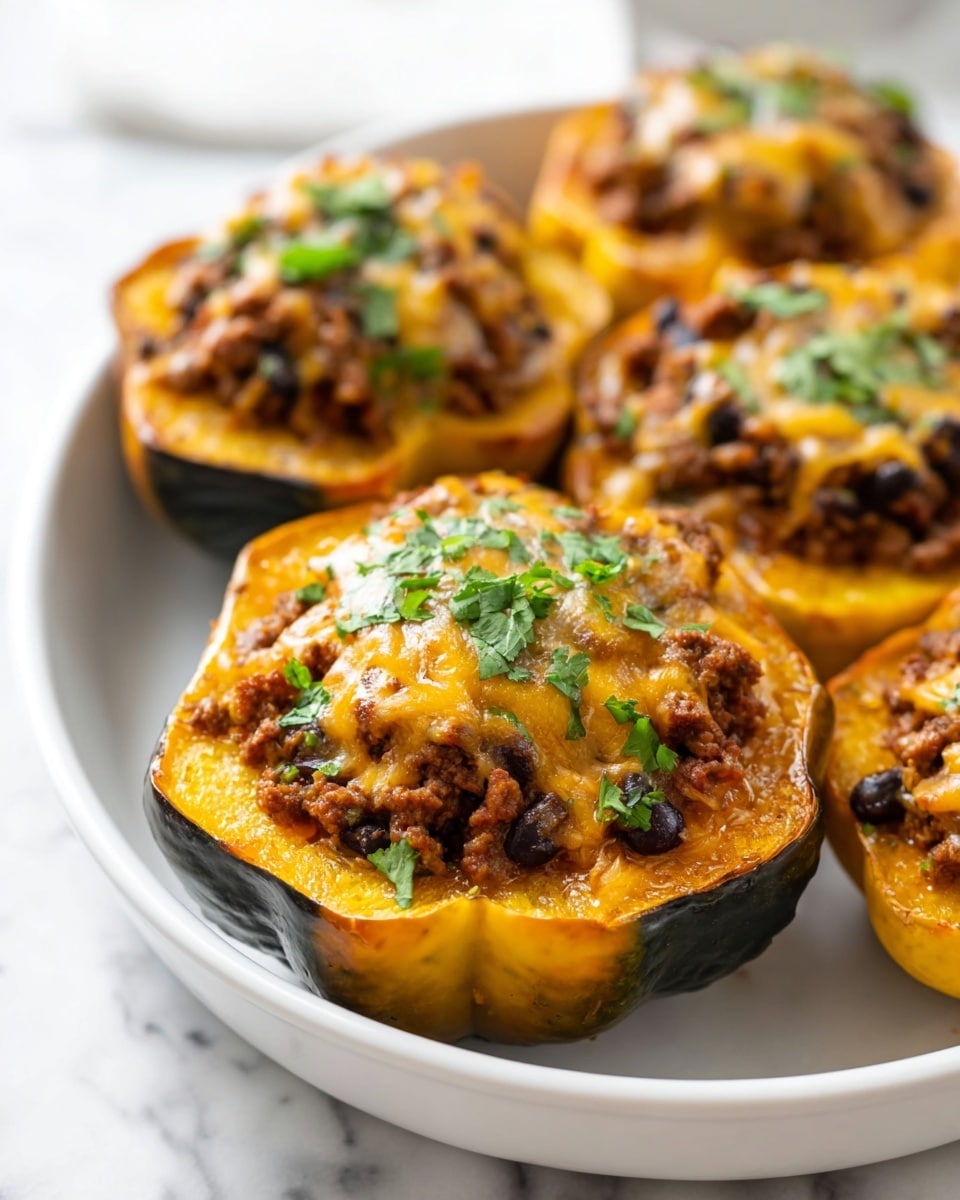 A white baking dish filled with multiple whole roasted acorn squashes, each halved and hollowed out, generously stuffed with seasoned ground beef, black beans, and melted cheddar cheese, garnished with freshly chopped cilantro, showcasing a rich, hearty, and colorful casserole perfect for a comforting meal, photographed from a 3/4 angle on a white marble countertop with natural lighting, professional food styling photo taken with an iphone --ar 4:5 --v 7
