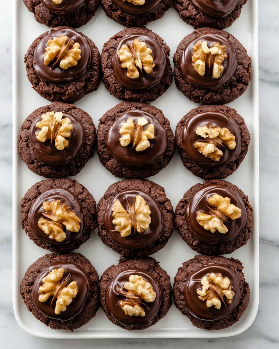 White serving platter filled with a full batch of freshly baked chocolate walnut cookies, each generously topped with smooth, glossy chocolate icing and a whole walnut half centerpiece, cookies arranged neatly in rows showcasing their rich, textured chocolate dough and slightly rustic edges, photographed from above on a white marble surface with natural lighting, professional food magazine style photo taken with an iphone --ar 4:5 --v 7