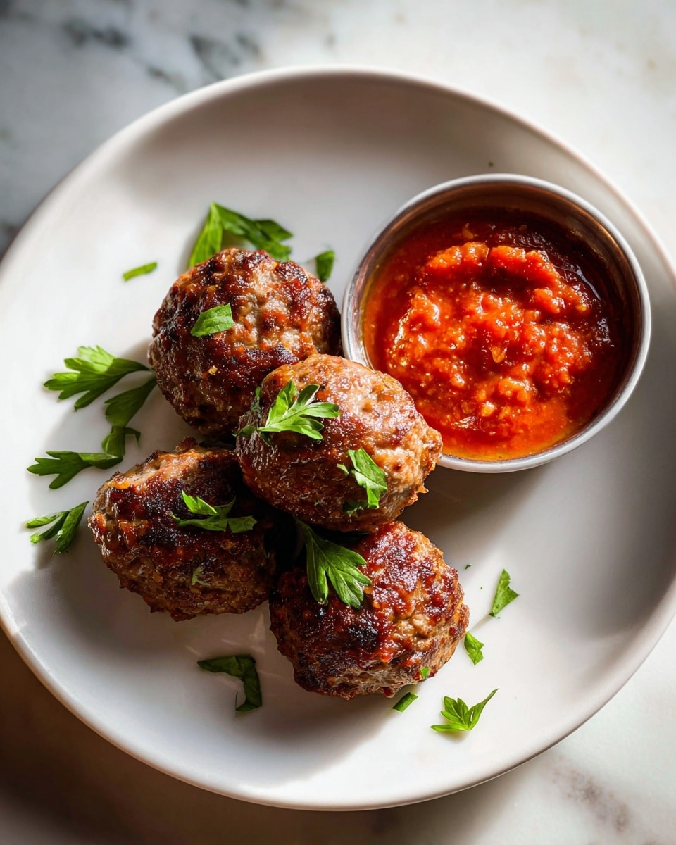 Large white platter filled with a generous serving of perfectly browned homemade meatballs garnished with fresh parsley leaves, accompanied by a small white bowl of rich, vibrant red marinara sauce placed alongside, whole dish captured from a 3/4 angle on a white marble background with natural lighting, styled as a hero shot from a food magazine, photo taken with an iphone --ar 4:5 --v 7