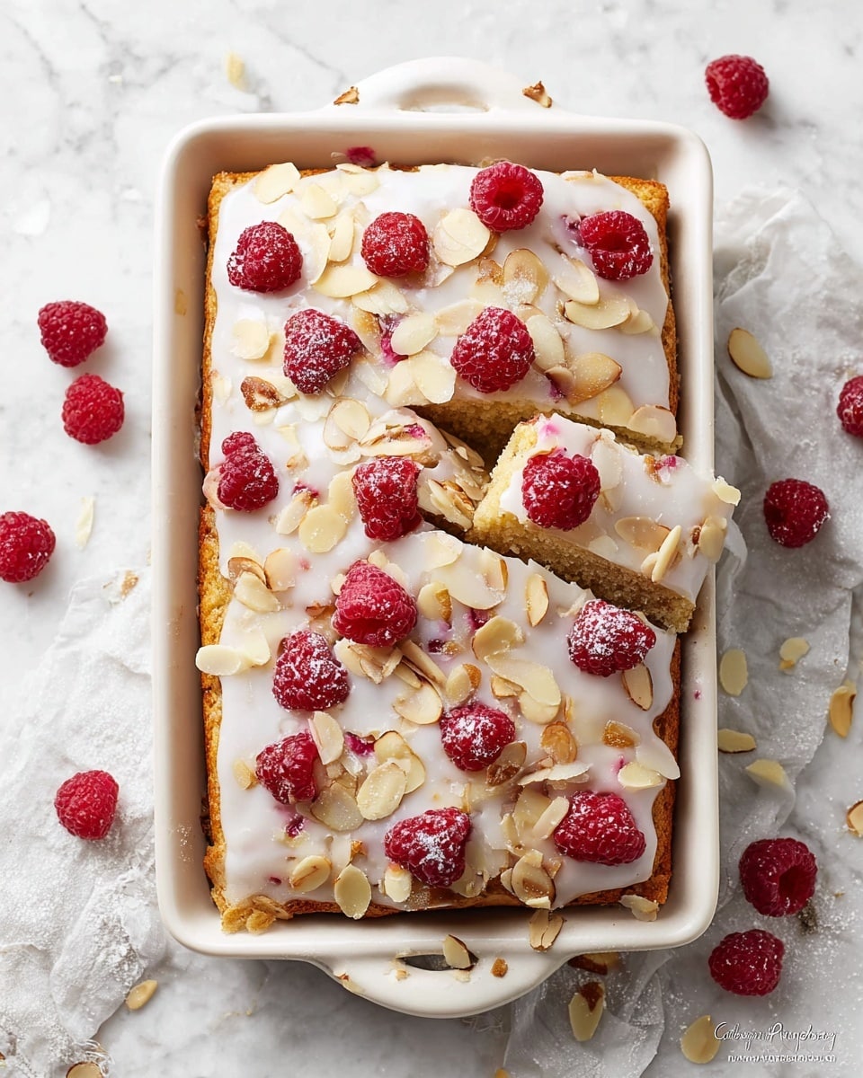 A whole rectangular white baking dish filled with a freshly baked almond raspberry cake, evenly glazed with smooth white icing and generously topped with toasted almond flakes and fresh raspberries, showcasing the full uncut dessert with a golden crust on the edges, beautifully styled on a white marble countertop with natural lighting, professional food magazine hero shot, photo taken with an iphone --ar 4:5 --v 7