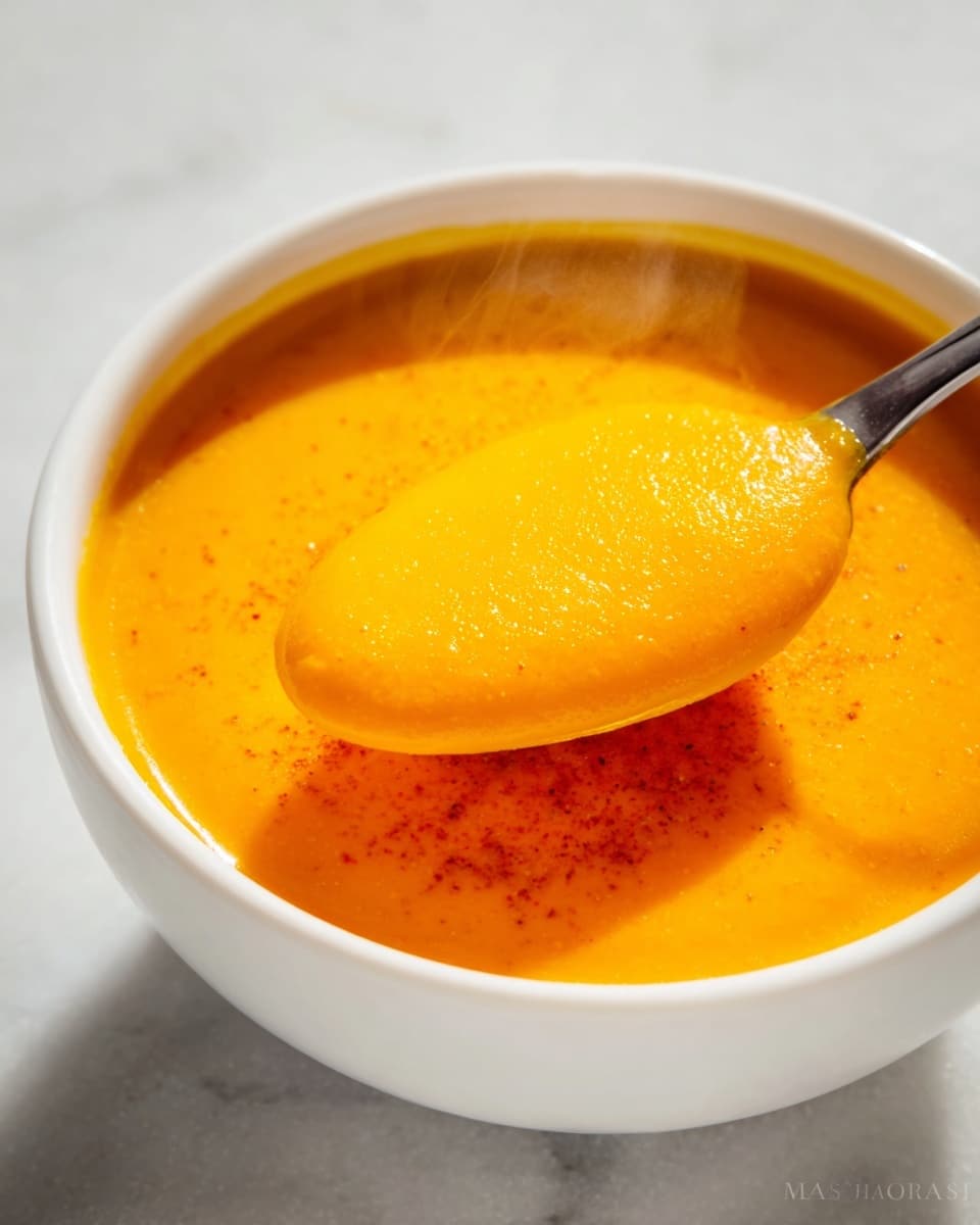 Large white bowl filled with smooth, creamy butternut squash soup with a vibrant orange color and a few specks of paprika sprinkled on top, steaming gently to show warmth, photographed from a 3/4 angle on a white marble countertop, natural lighting highlighting the rich texture and inviting glow, whole dish fully visible, professional food styling photo taken with an iphone --ar 4:5 --v 7