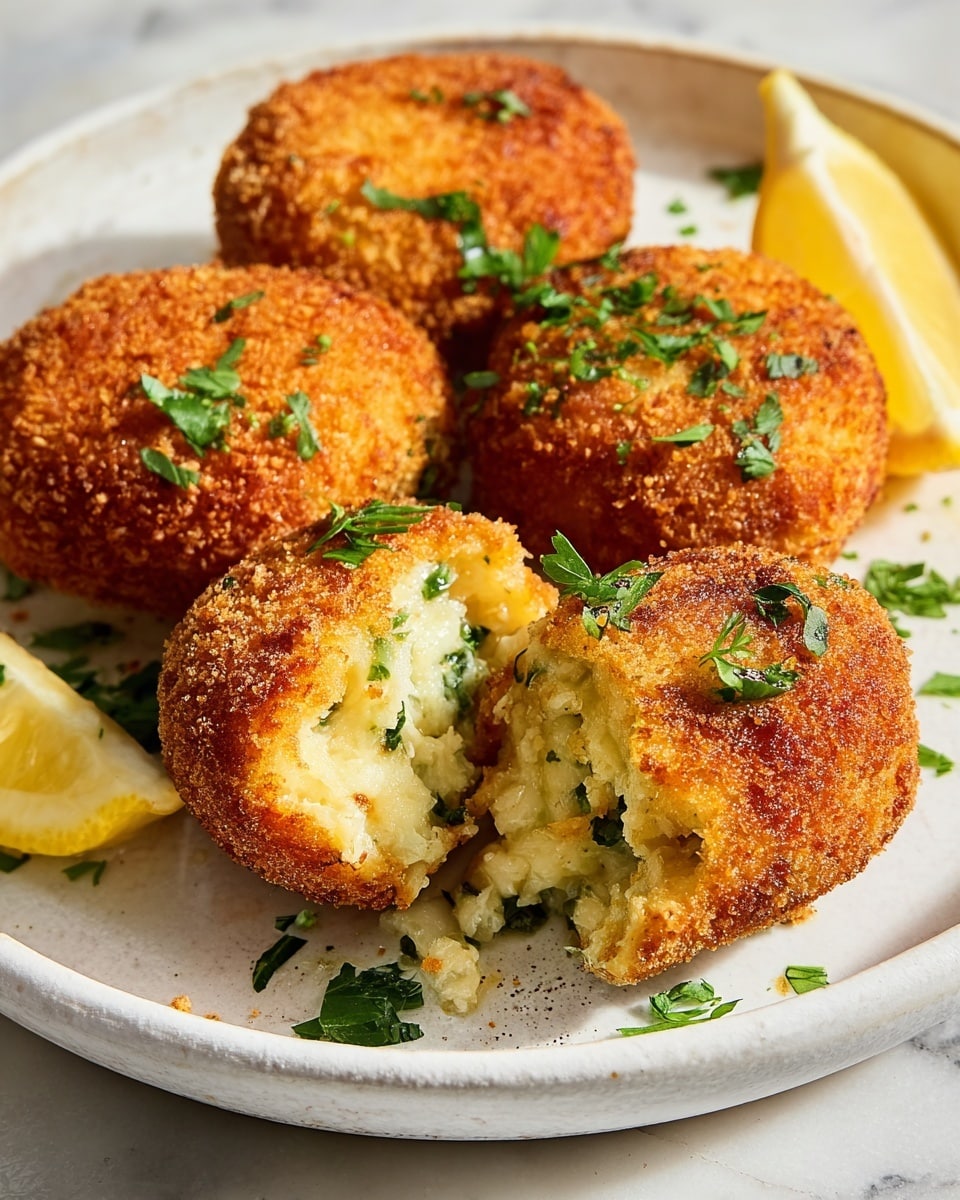 Large white ceramic platter filled with a full batch of golden-brown, crispy fried potato croquettes, evenly arranged on white parchment paper, garnished with fresh parsley sprigs and lemon wedges on the sides, accompanied by a small white bowl of melted butter dipping sauce, the croquettes showcasing a crunchy breadcrumb coating with some sliced open to reveal the creamy, cheesy potato filling inside, photographed from a 3/4 angle with bright natural lighting on a white marble countertop, styled like a hero shot in a food magazine photo taken with an iphone --ar 4:5 --v 7