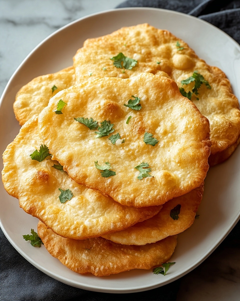 White oval serving platter with a full stack of golden, crispy fried flatbreads, each puffed up with bubbles and evenly cooked to a perfect light brown, garnished with fresh cilantro leaves scattered on top, shot from a 3/4 angle with natural lighting on a white marble background, styled as a hero shot from a food magazine, photo taken with an iphone --ar 4:5 --v 7