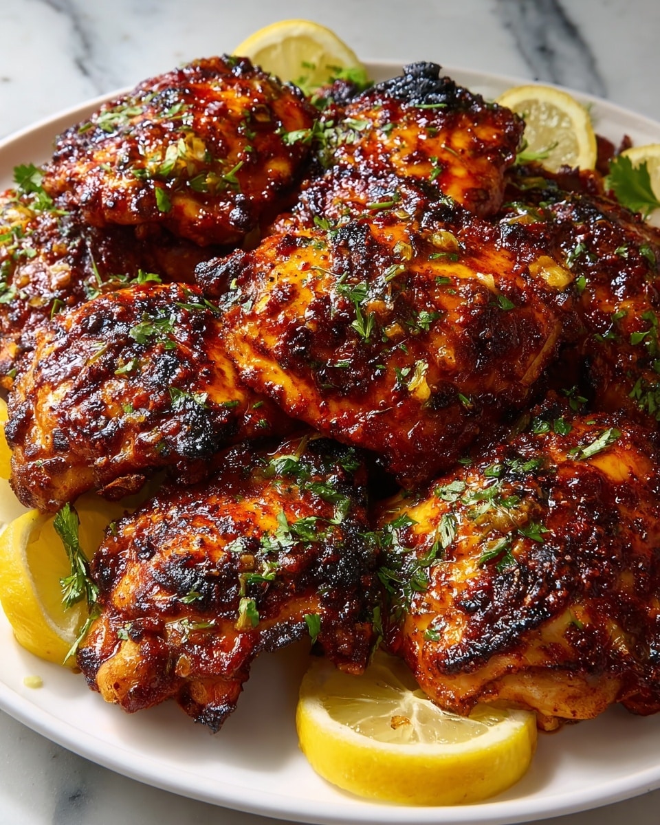 Large white serving platter brimming with multiple whole grilled chicken thighs, richly marinated in a spicy, charred glaze with caramelized edges and specks of fresh green herbs scattered on top, surrounded by vibrant lemon wedges for a fresh citrus contrast, presented as a full feast, photographed from a 3/4 angle on a white marble countertop under natural lighting, styled like a hero shot from a food magazine, photo taken with an iphone --ar 4:5 --v 7