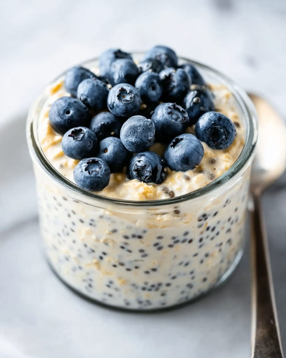 A group of several clear glass jars filled with creamy chia seed pudding, each jar topped generously with plump fresh blueberries and sprinkled with visible chia seeds throughout the pudding mixture, all jars arranged neatly on a white marble countertop, natural light illuminating the smooth texture and vibrant colors, professional food magazine style photo taken with an iphone --ar 4:5 --v 7