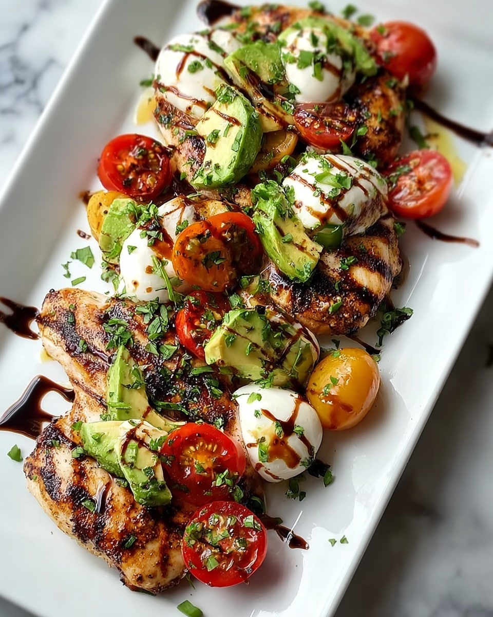 Large white rectangular platter showcasing multiple perfectly grilled chicken pieces topped with sliced grilled avocado, fresh mozzarella, halved charred cherry tomatoes, and drizzled generously with balsamic glaze, garnished with chopped fresh herbs, whole dish photographed from a 3/4 angle on a white marble countertop, natural lighting, professional food magazine style hero shot, photo taken with an iphone --ar 4:5 --v 7