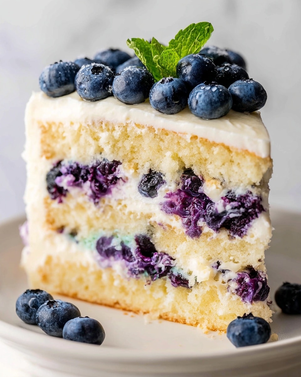 Whole white frosted blueberry cake displayed on a white cake stand, decorated with a ring of fresh blueberries and a lemon slice on top, showing smooth and creamy icing covering the entire cake, professional 3/4 angle shot on a white marble surface with natural lighting, styled as a hero food magazine image, photo taken with an iphone --ar 4:5 --v 7