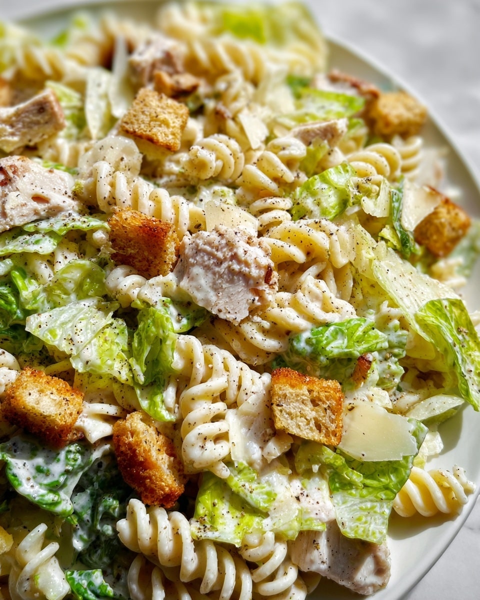 Large white serving bowl filled with a complete Caesar pasta salad featuring rotini pasta, crisp romaine lettuce, golden croutons, tender chunks of grilled chicken, and generous shavings of Parmesan cheese, all tossed in creamy Caesar dressing and lightly sprinkled with cracked black pepper, presented on a rustic wooden table with a small white bowl of extra Parmesan slices alongside, professional 3/4 angle food photography on a white marble background with natural lighting, photo taken with an iphone --ar 4:5 --v 7