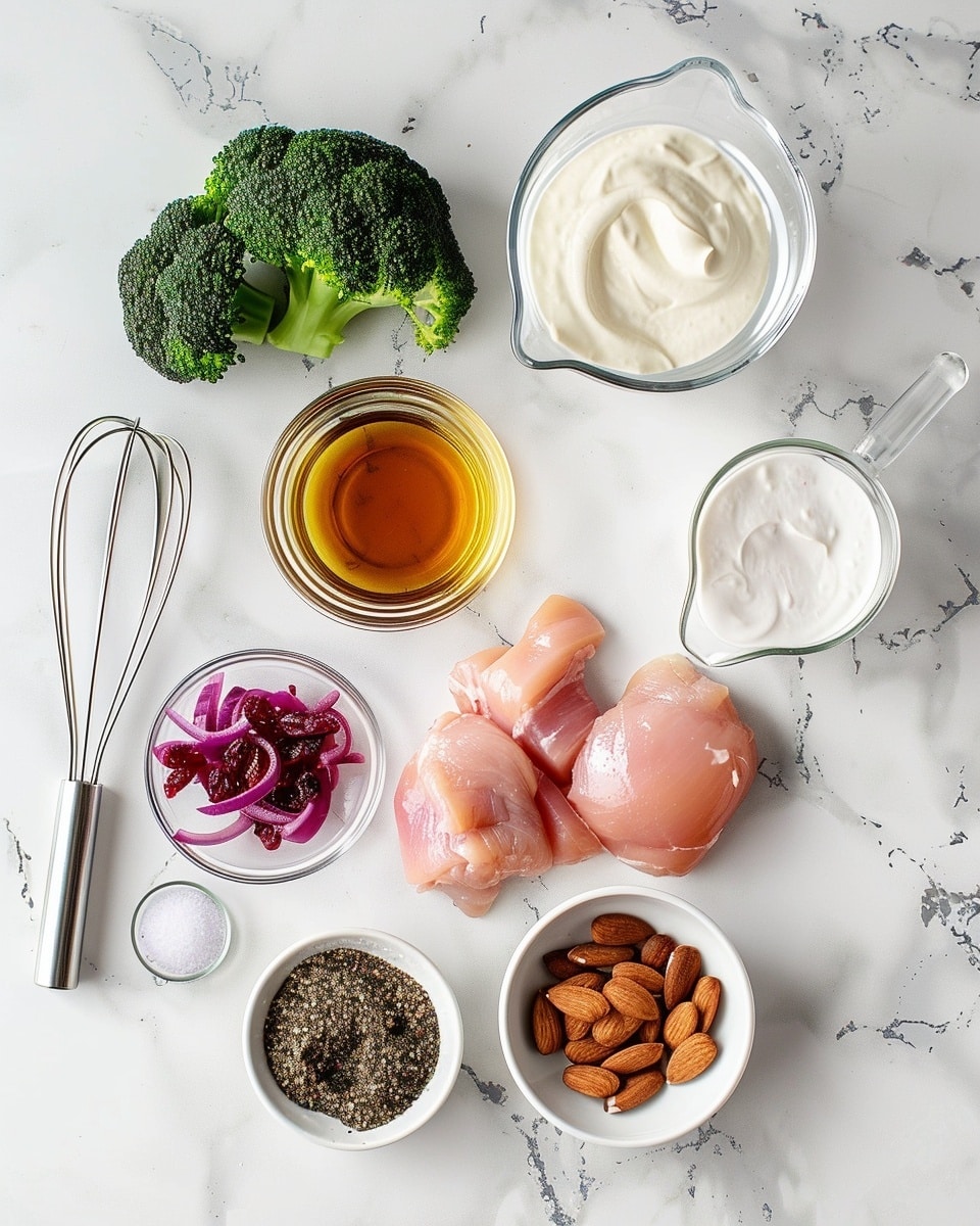 Single white bowl with a close-up view of a fresh broccoli salad serving, showcasing vibrant green broccoli florets mixed with crispy bacon pieces, dried cranberries, and finely chopped red onion all coated in a creamy dressing, visible texture of nuts and crisp vegetables, placed on a white marble surface with natural lighting highlighting the colorful ingredients, intimate plated serving photo taken with an iphone --ar 4:5 --v 7