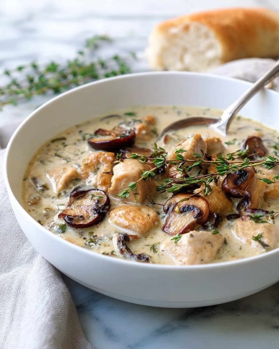 Large white bowl filled with creamy mushroom and herb chicken stew, featuring tender chunks of chicken simmered in a rich, thick sauce with golden-brown sautéed mushroom slices and fresh sprigs of thyme scattered on top, accompanied by several slices of rustic multigrain bread arranged nearby on a white marble countertop, natural lighting highlighting the textures and colors, professional food styling, photo taken with an iphone --ar 4:5 --v 7