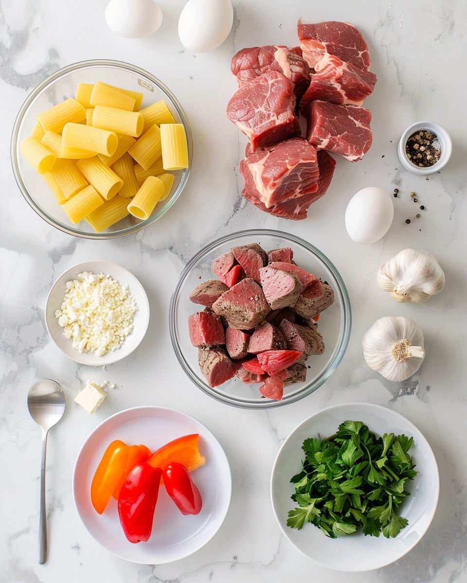 Single white plate presenting a plated portion of rigatoni pasta tossed with tender, medium-rare seared steak cubes, the steak showing a juicy pink interior and a flavorful charred crust, rigatoni coated in a light, savory sauce with specks of freshly cracked black pepper, crumbled white cheese and finely chopped fresh parsley sprinkled on top for contrast, close-up angled view highlighting the textures of the pasta and meat, white marble background, natural daylight, intimate and styled food blog serving photo taken with an iphone --ar 4:5 --v 7