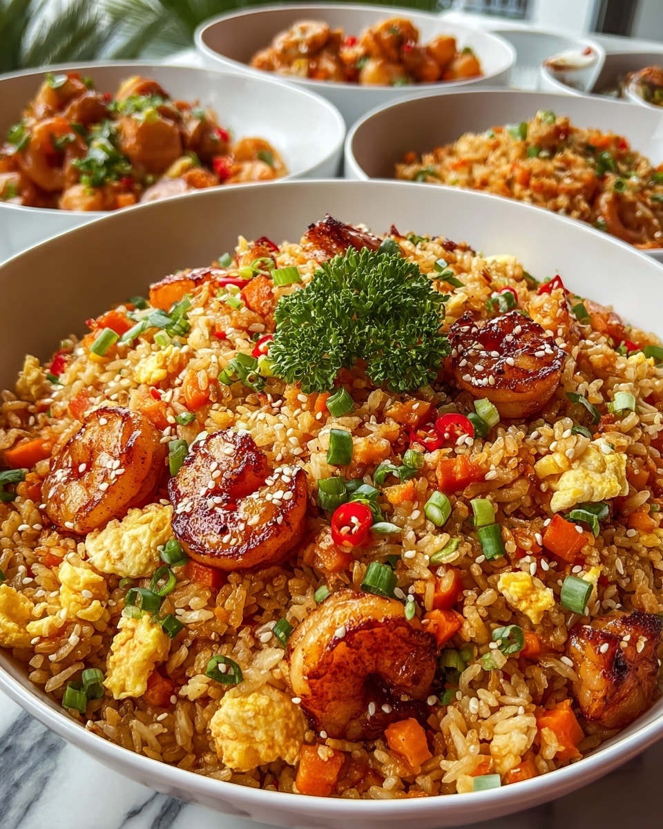 Large white bowl filled with generous portions of golden fried rice mixed with vibrant diced carrots, fluffy scrambled eggs, and succulent caramelized shrimp, garnished with chopped green onions, sesame seeds, whole red chili pieces, and a fresh sprig of parsley in the center, multiple bowls arranged together, shot from a professional 3/4 angle on a white marble countertop under natural lighting, hero food magazine style photo taken with an iphone --ar 4:5 --v 7