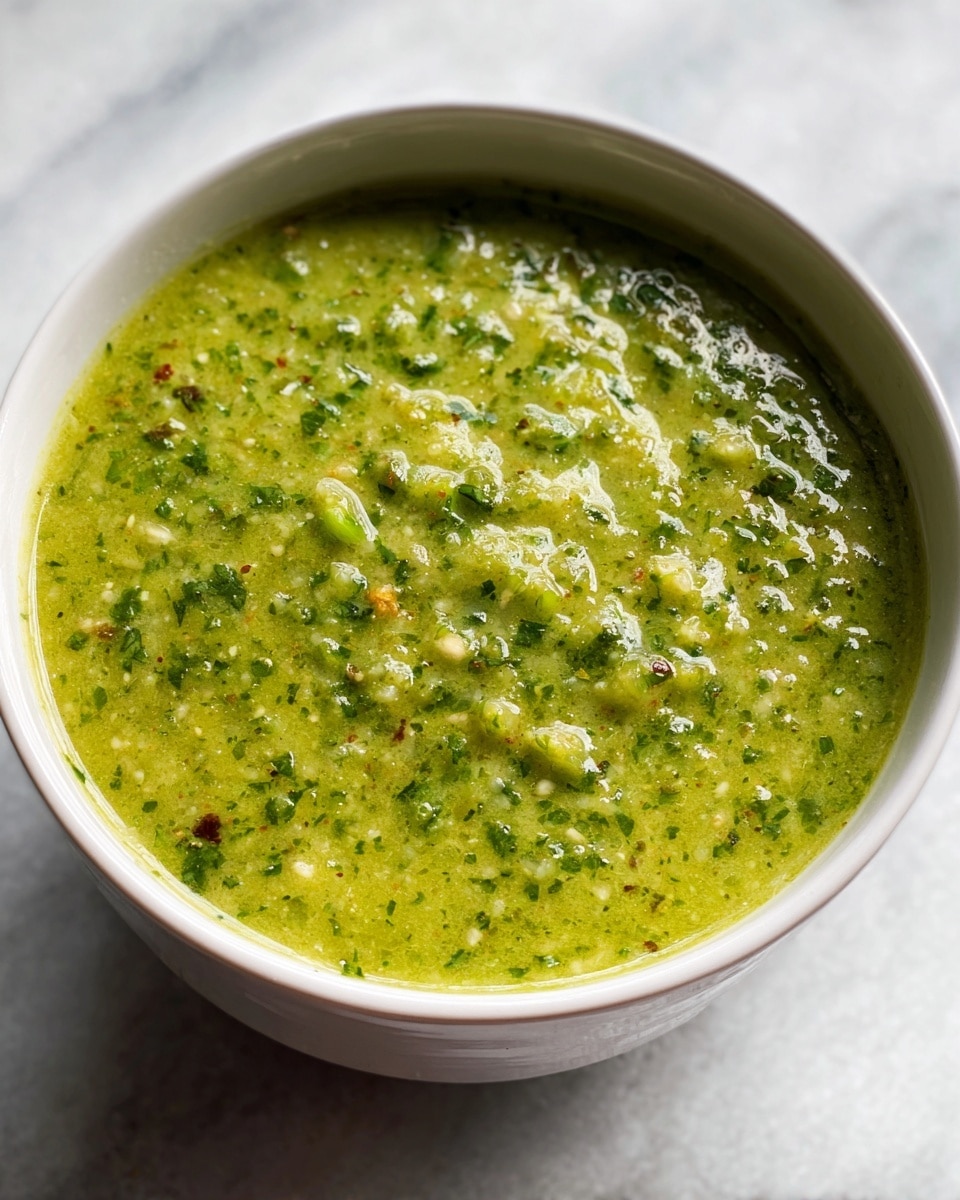 A large white bowl filled with a vibrant, creamy green salsa verde, showing a smooth but textured consistency with visible flecks of roasted tomatillos, cilantro, garlic, and chili peppers, suggesting fresh, zesty flavors, photographed from a close 3/4 angle on a white marble countertop with natural lighting, highlighting the glossy surface and fresh ingredients, whole dish in frame, professional food magazine style photo taken with an iphone --ar 4:5 --v 7